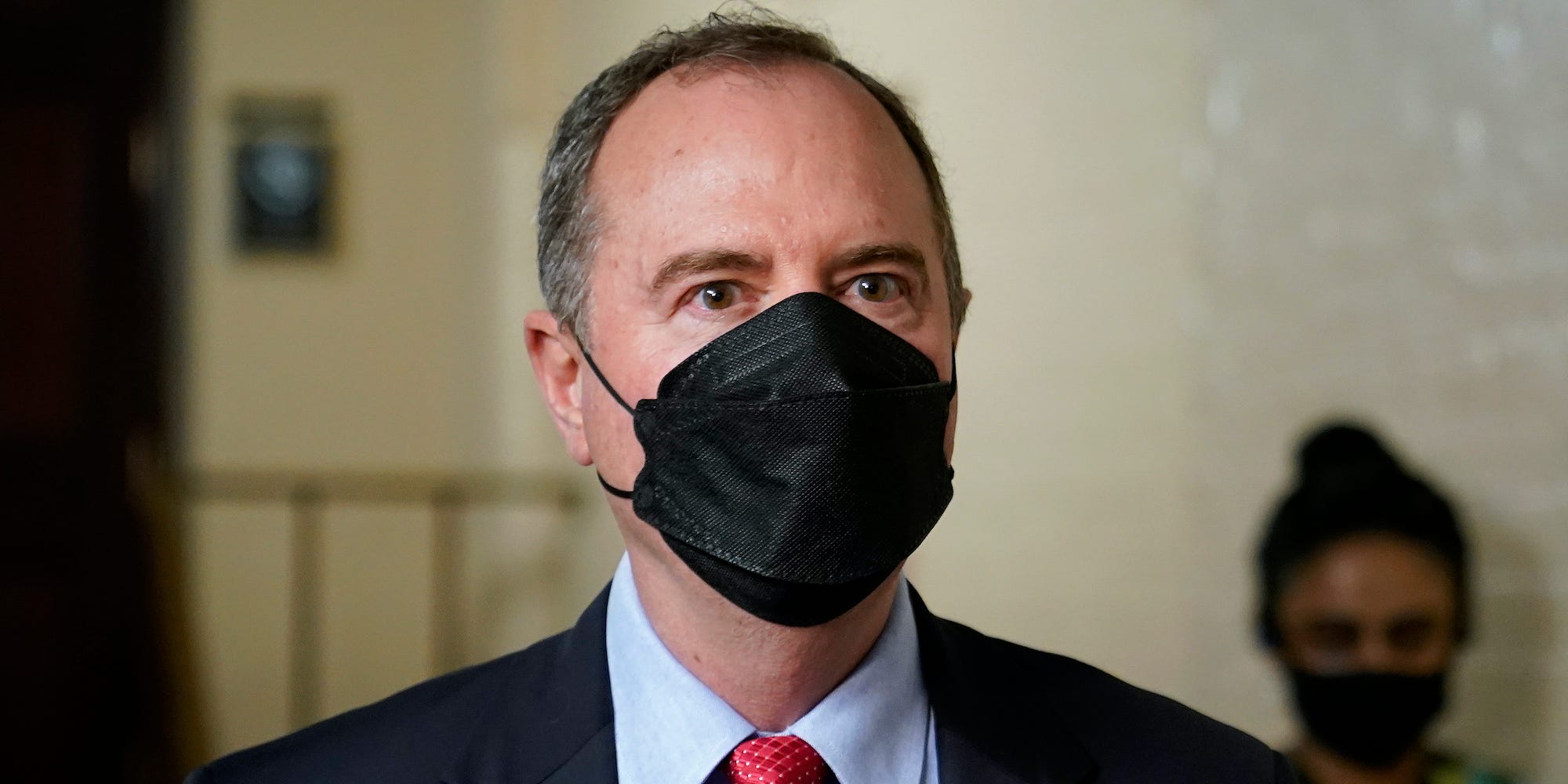 Rep. Adam Schiff, D-Calif., departs a meeting with House Democrats on Capitol Hill in Washington, Friday, Oct. 1, 2021.