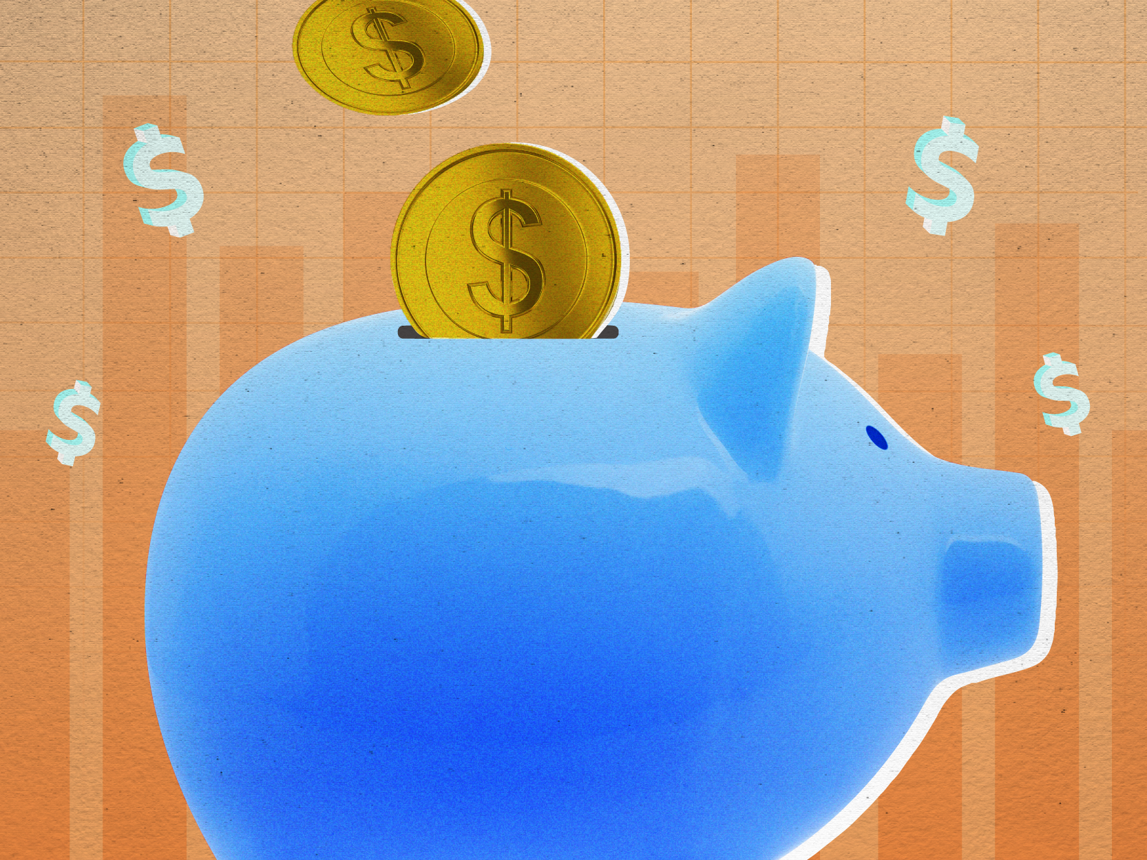 Coin falling into piggy bank on orange background with money signs 4x3