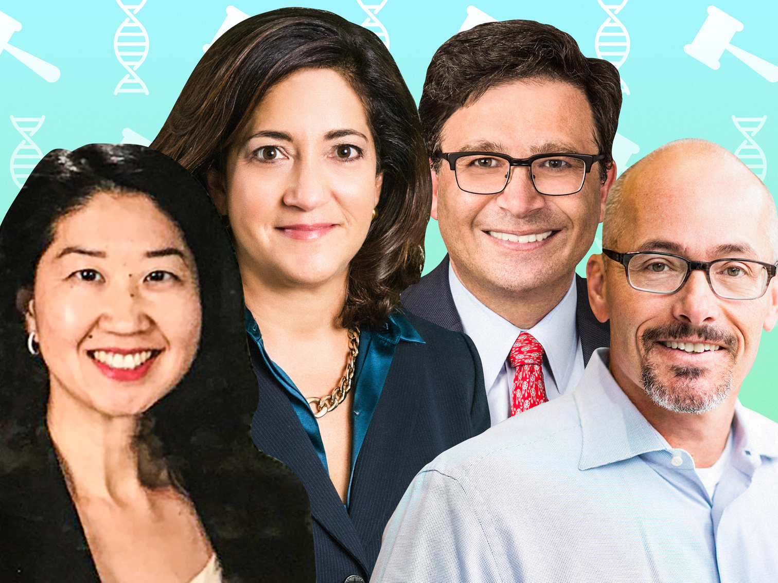 From left: Maggie Wong of Goodwin Procter LLP, Denise Esposito of Covington & Burling LLP, Howard Sklamberg of Arnold & Porter Kaye Scholer LLP, and Kenneth Clark of Wilson Sonsini Goodrich & Rosati with DNA strands and gavels patterned behind them on a light blue to light green gradient background.