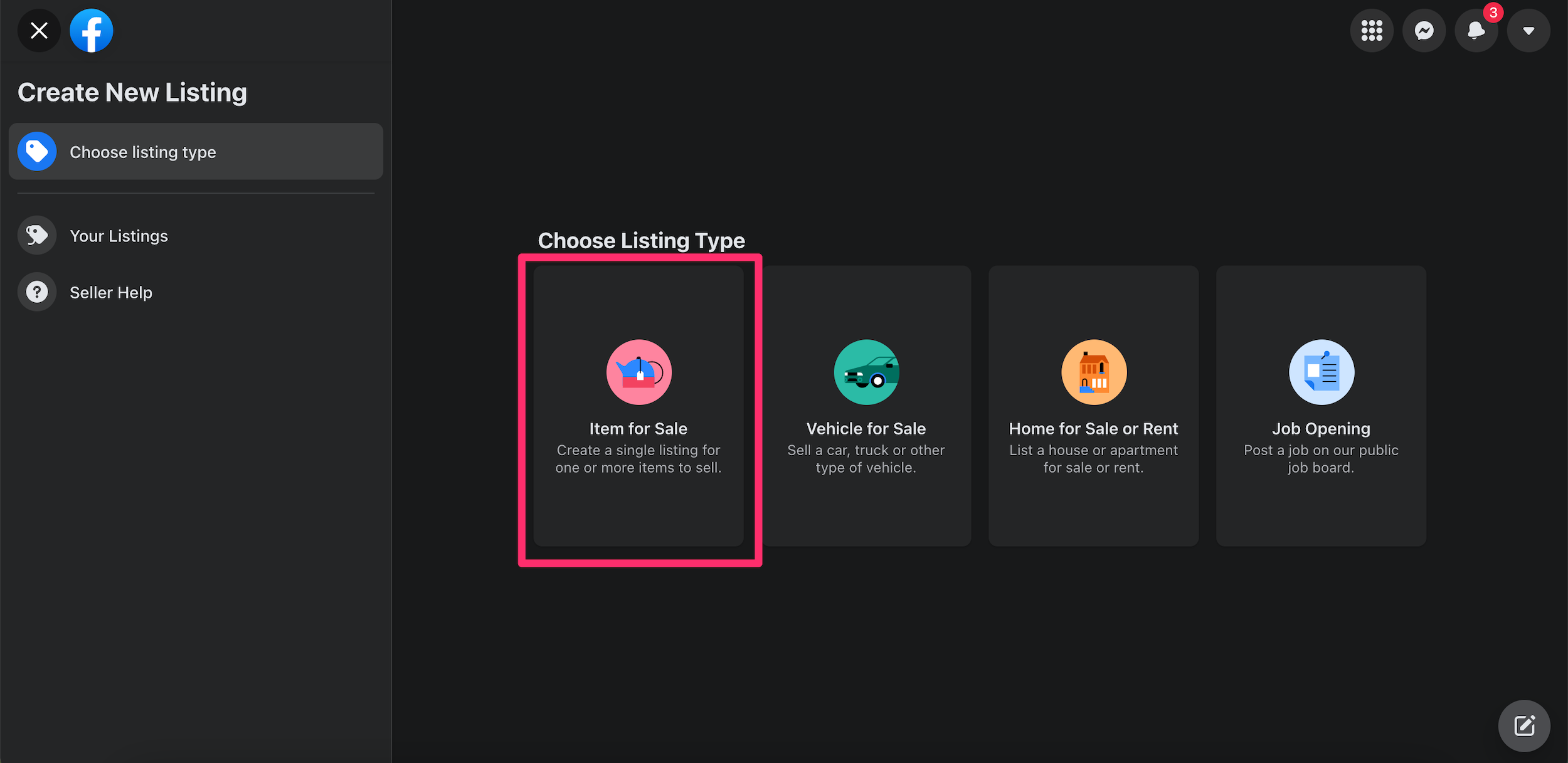Screenshot showing the first step in posting an item on the Marketplace