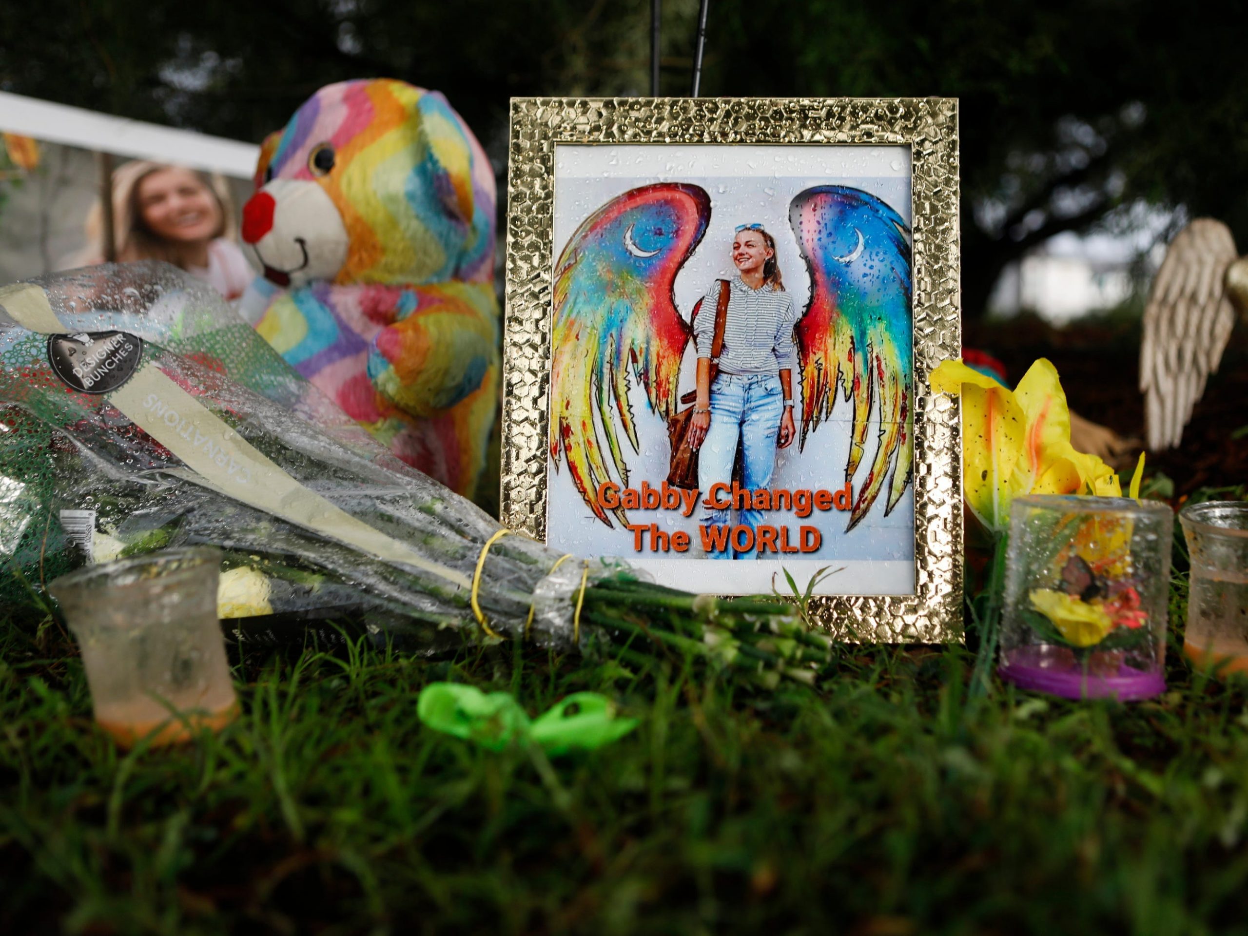 A makeshift memorial dedicated to Gabby Petito is located near the North Port City Hall on September 21, 2021 in North Port, Florida.