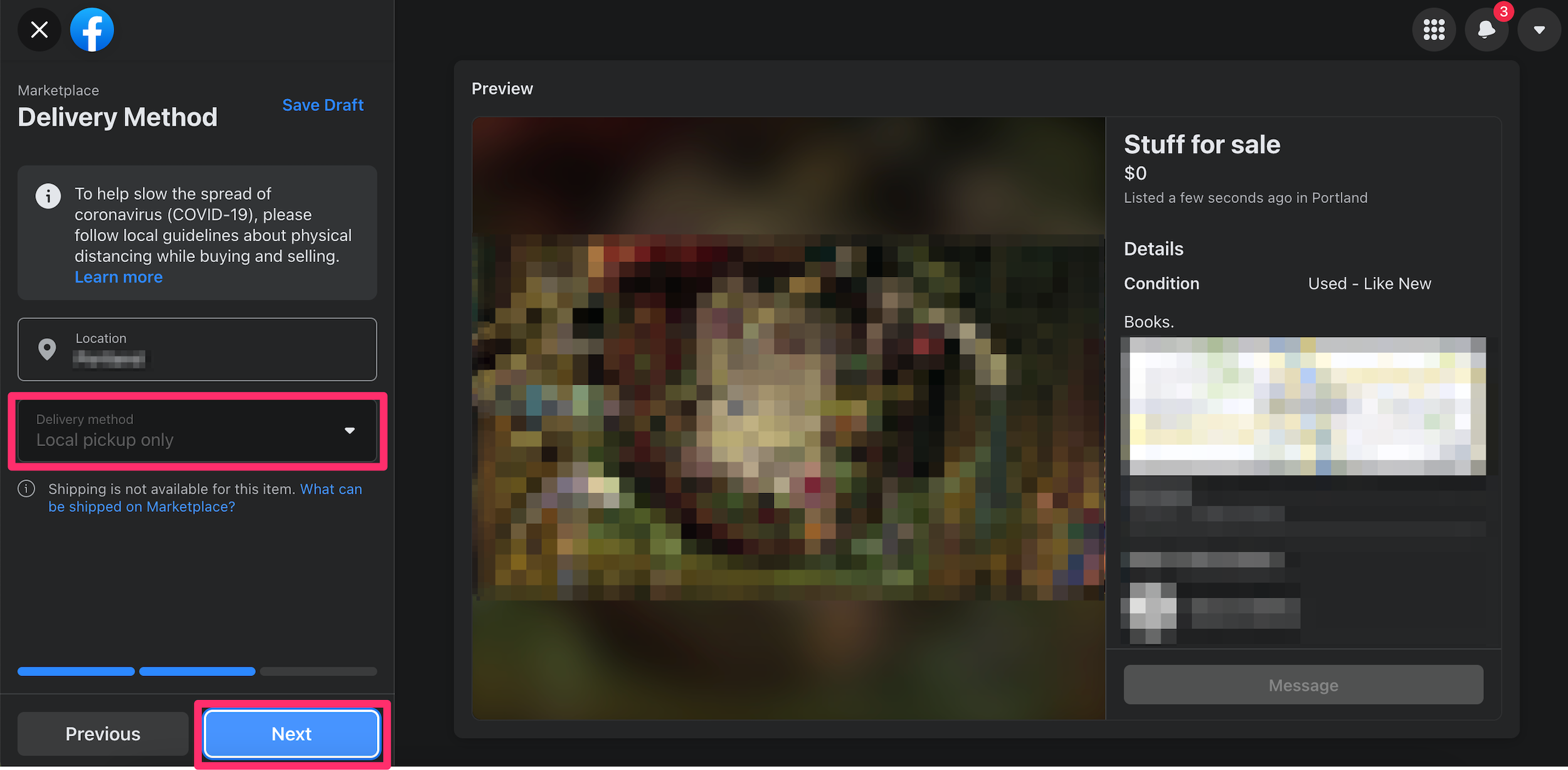 Screenshot showing the Delivery method option for a listing