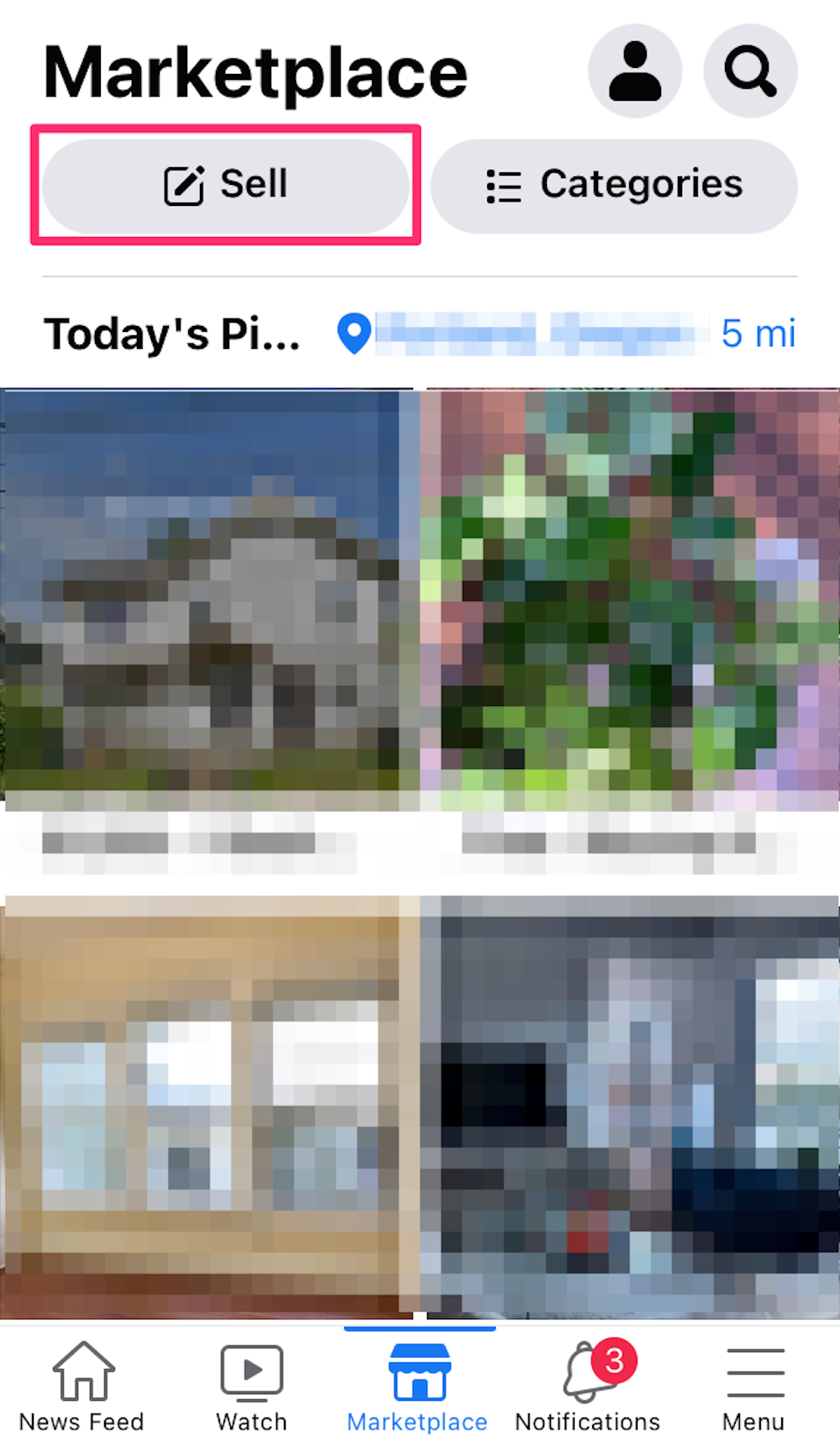 Screenshot of the Marketplace section of Facebook on an iPhone