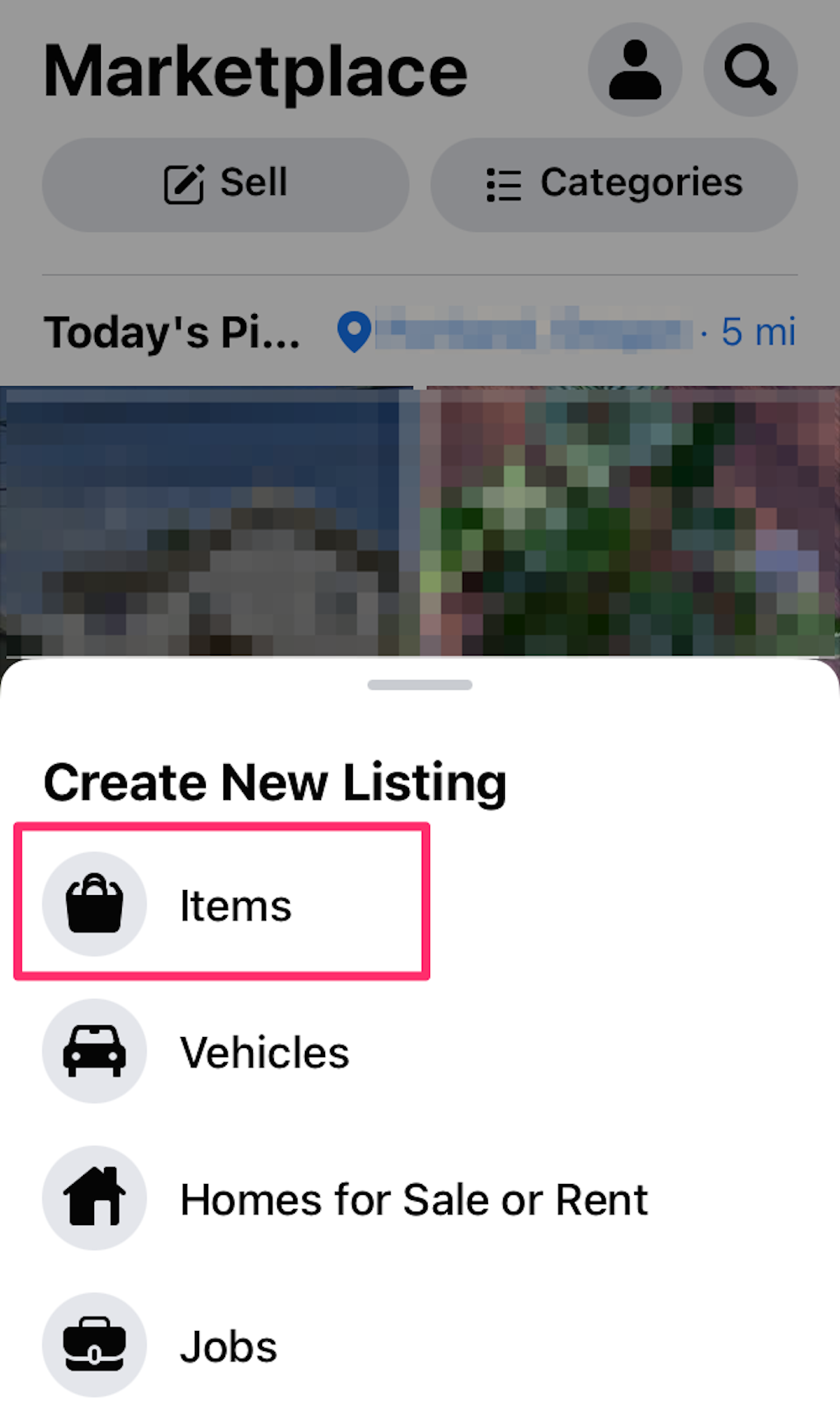 Screenshot showing the listing categories in Facebook Marketplace on an iPhone