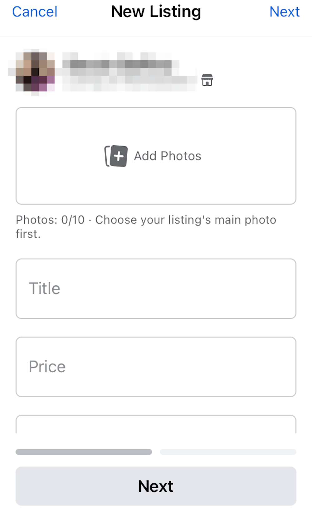 Screenshot highlighting the Next button in the listing creation section on an iPhone.