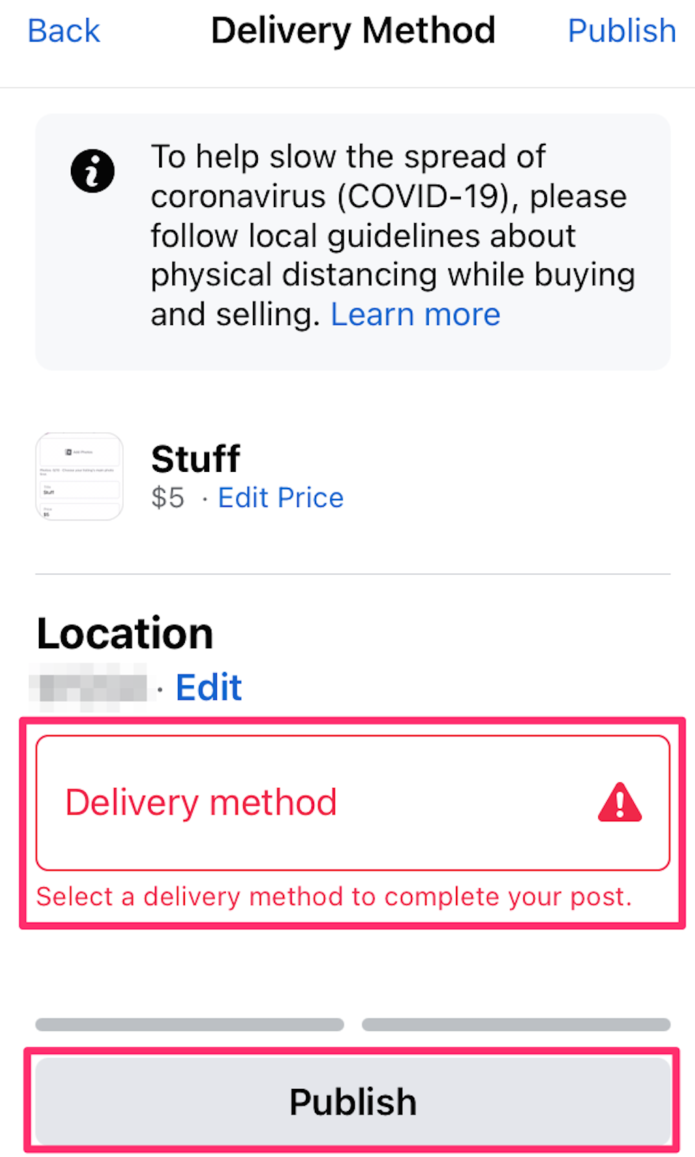 Screenshot showing the Publish button