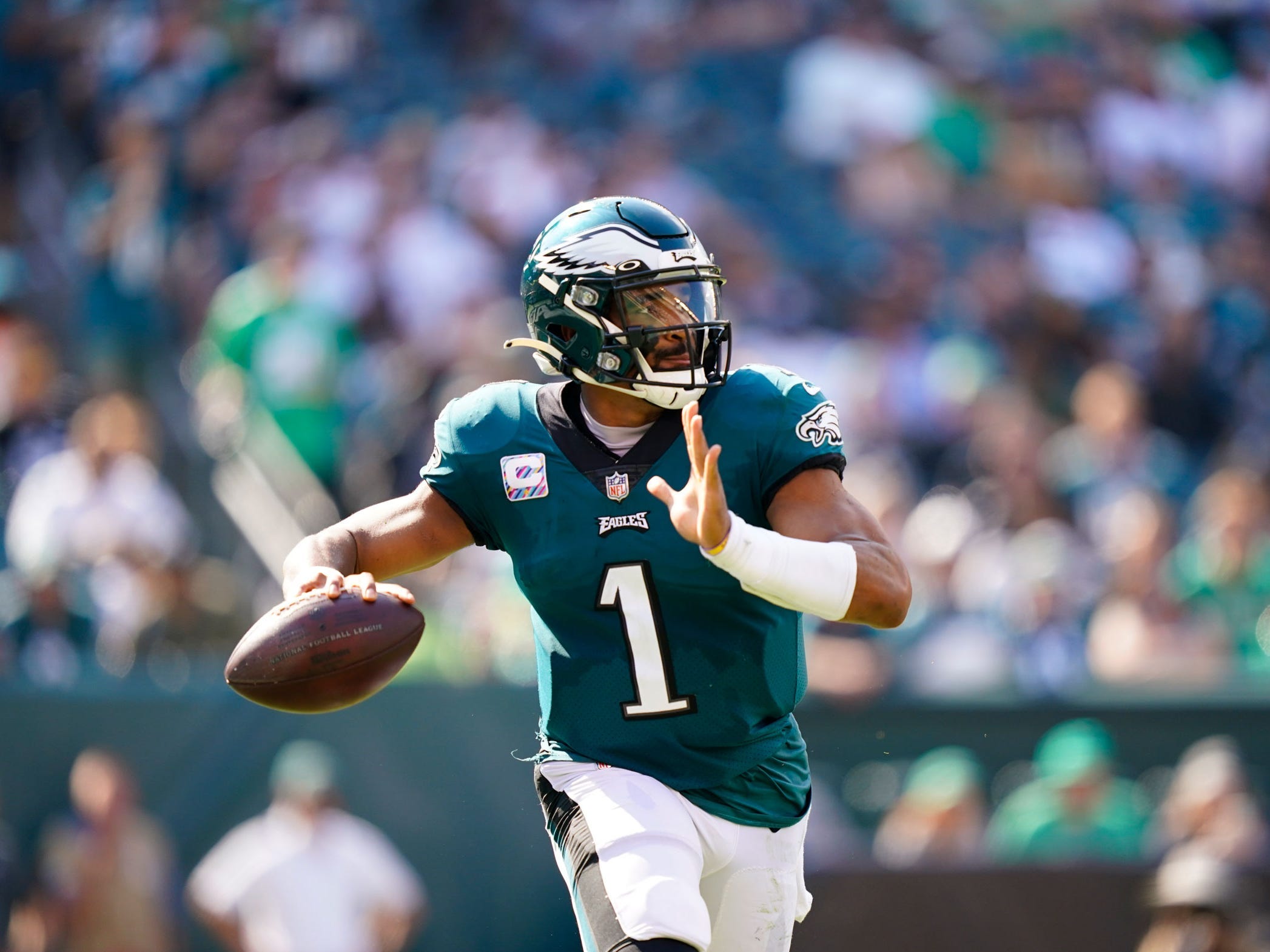 Jalen Hurts makes a play against the Kansas City Chiefs.