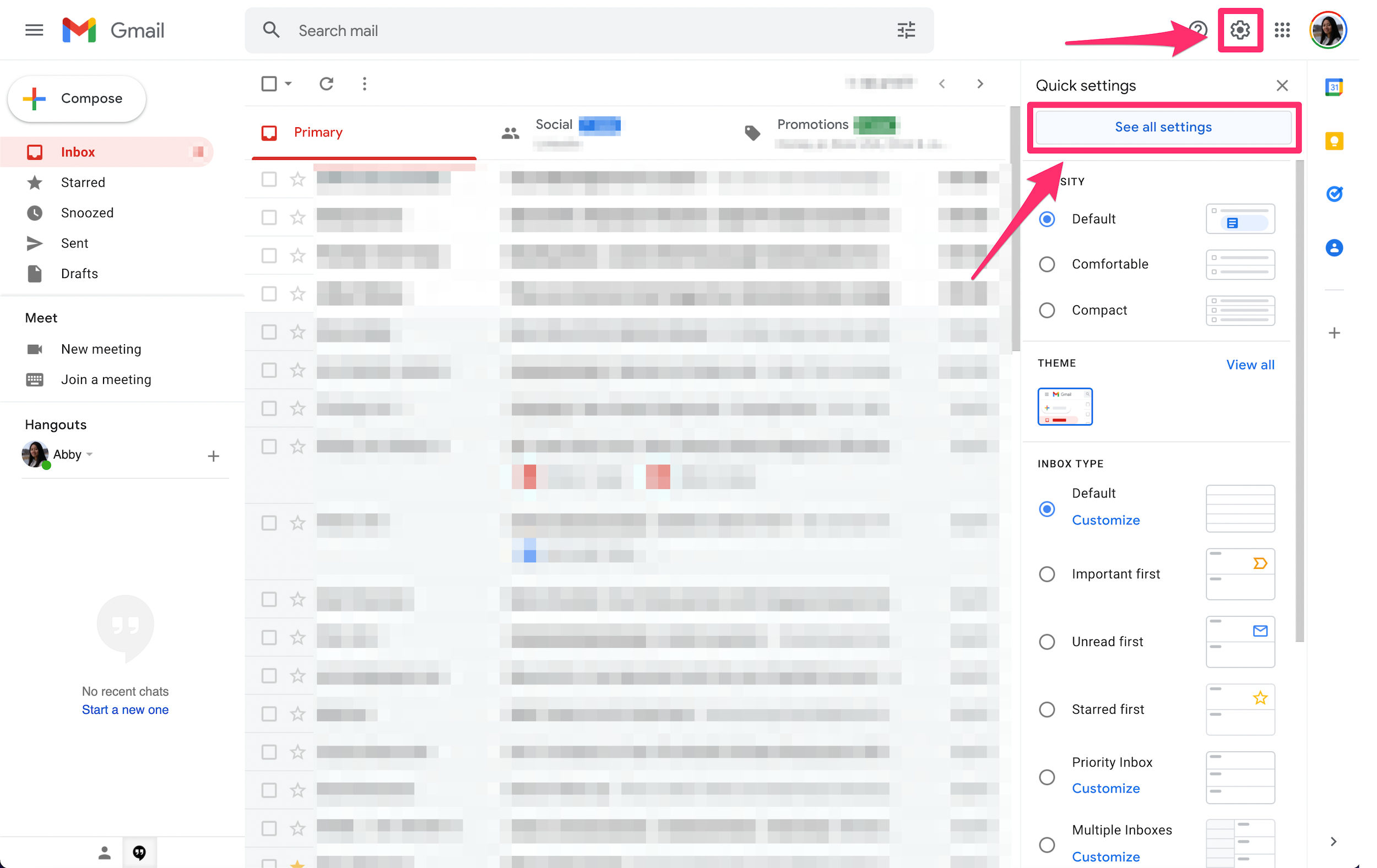 Gmail screenshot with the settings icon and see all settings option highlighted