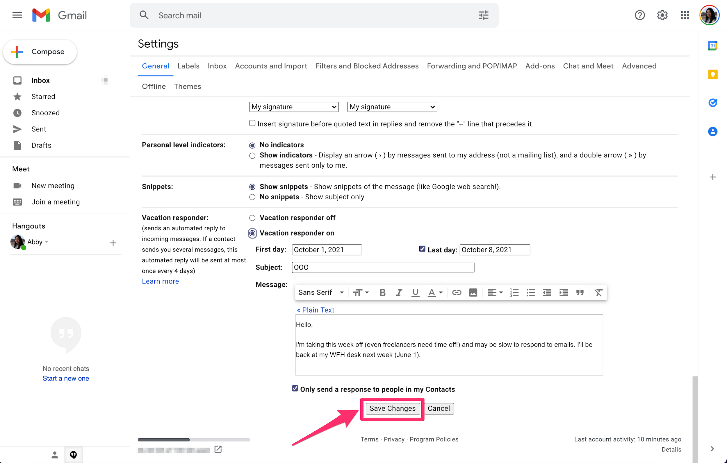 Gmail screenshot of the vacation responder section in Settings with Save Changes highlighted