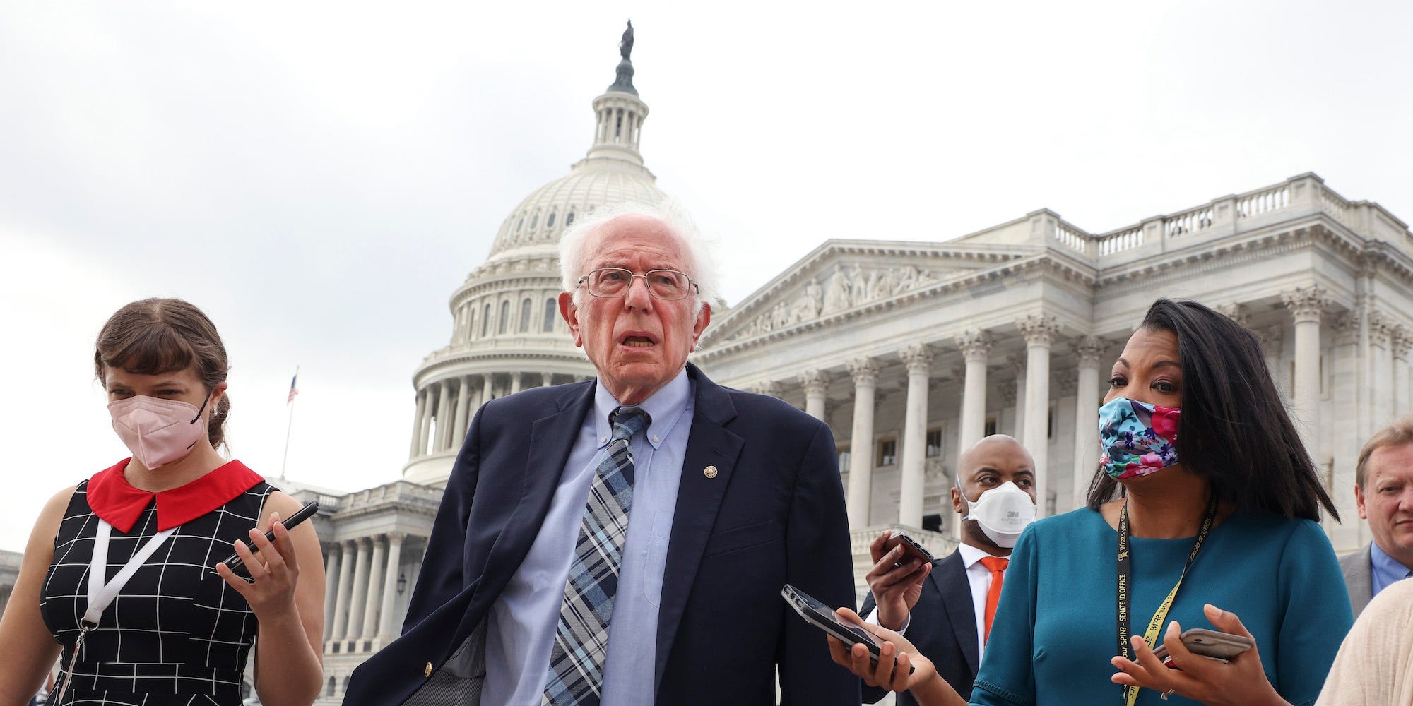 Independent Sen. Bernie Sanders of Vermont speaks to reporters as he leaves the US Capitol following a vote on October 05, 2021.