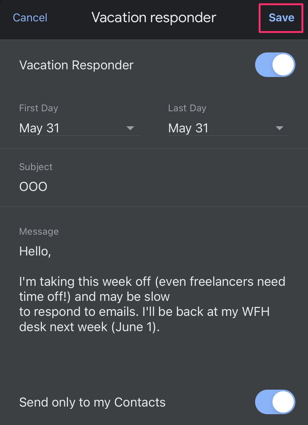 Gmail app screenshot showing the Vacation responder section