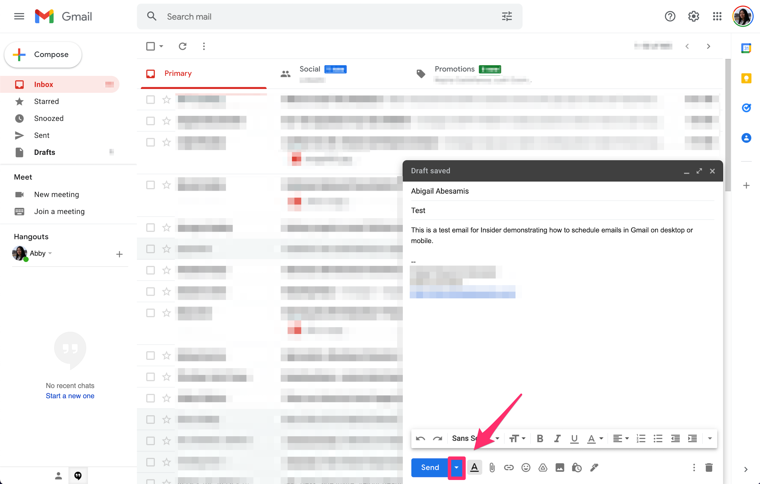 Gmail screenshot highlighting the down arrow for Schedule send