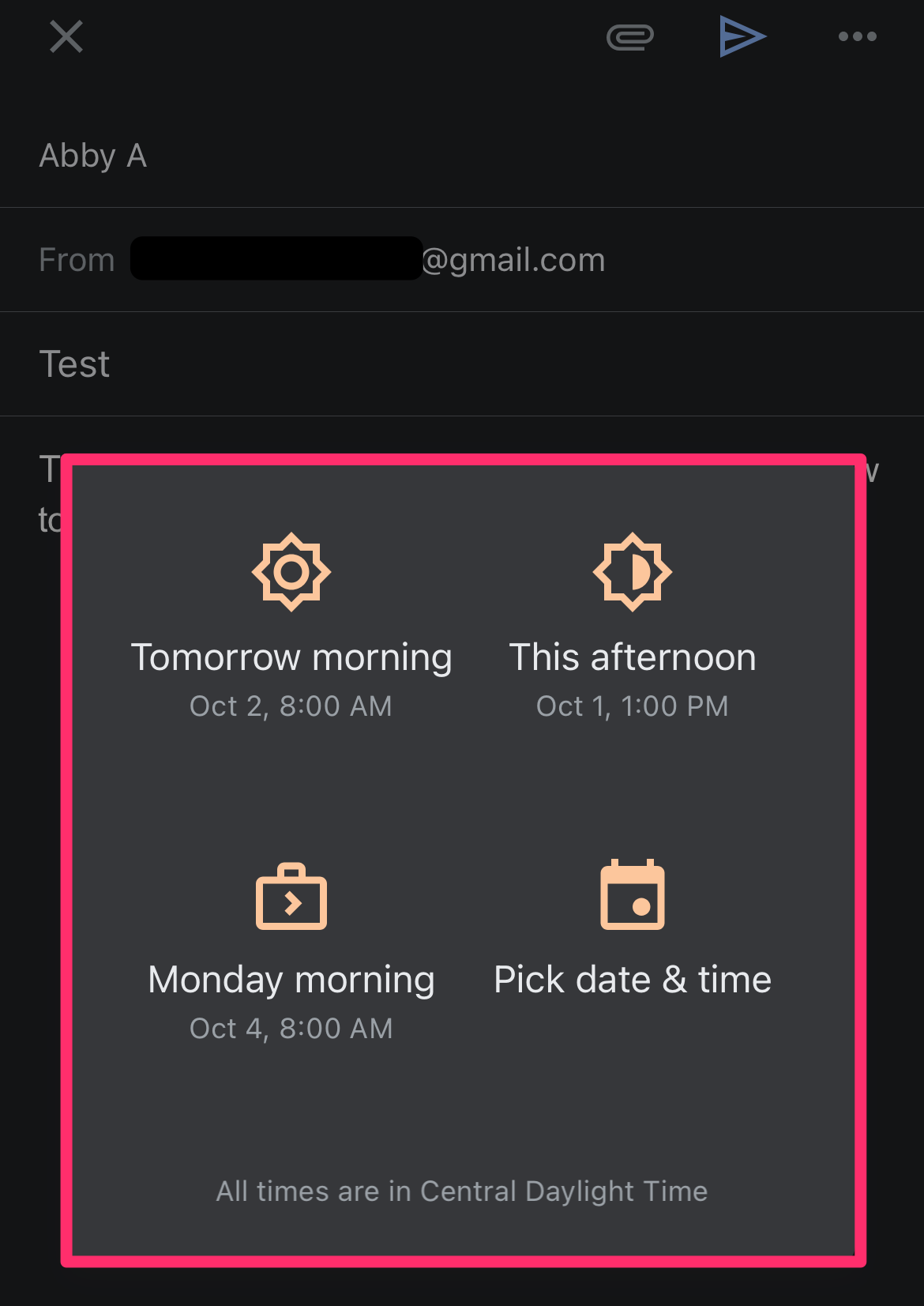 Gmail screenshot highlighting the schedule send time options