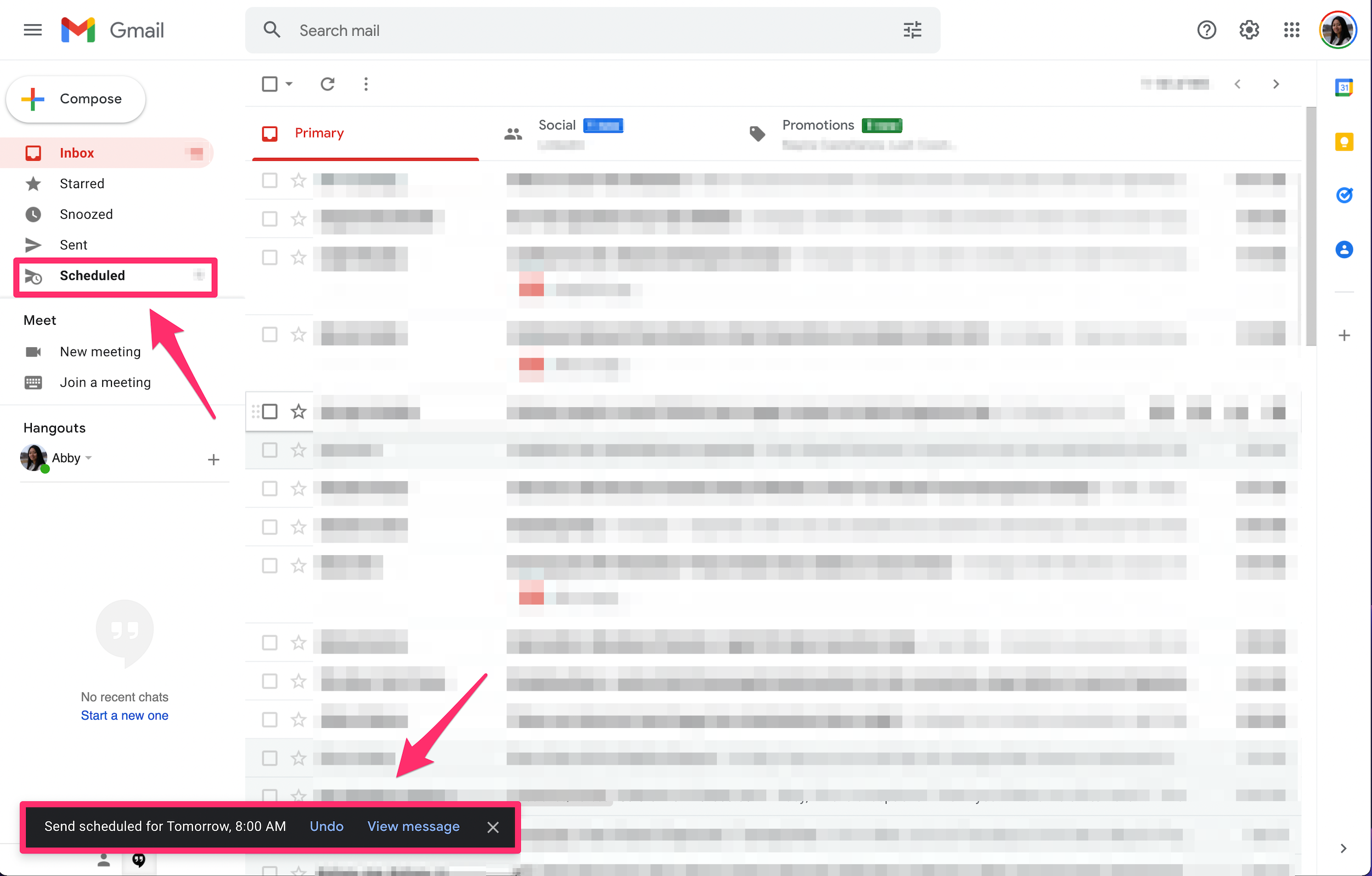 Gmail screenshot highlighting the scheduled folder