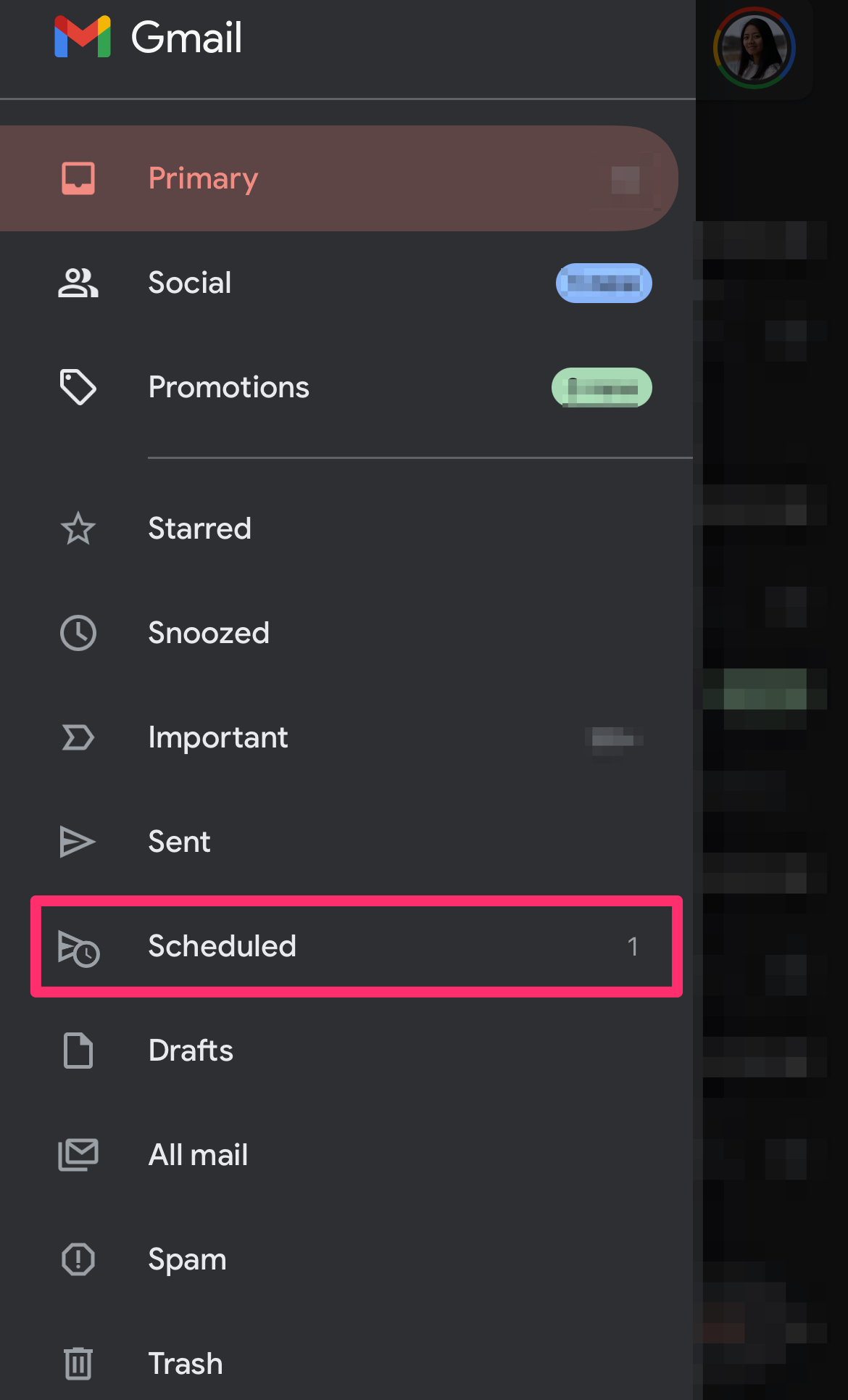 Gmail screenshot highlighting the scheduled folder