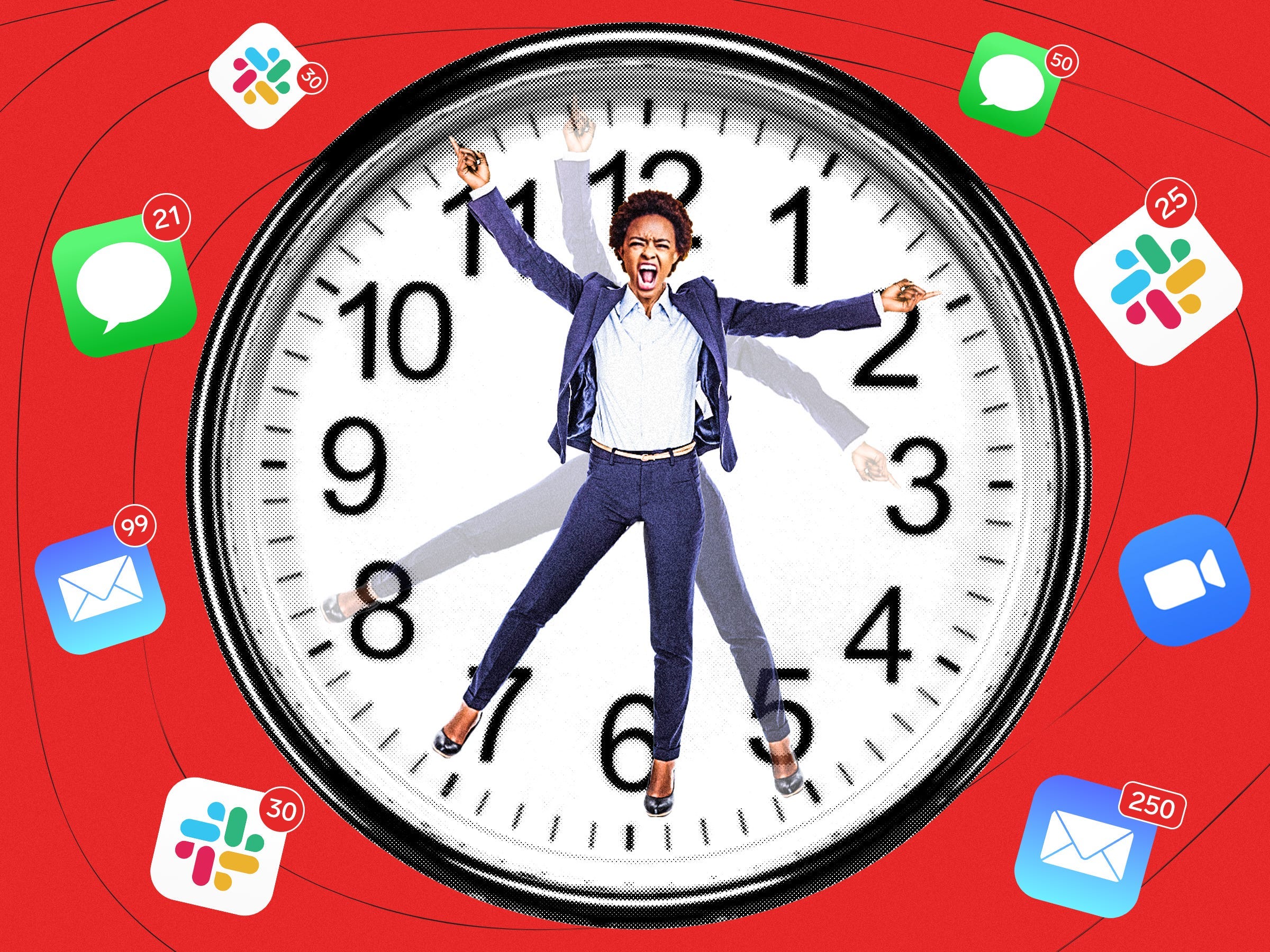 Female office worker spiraling on a clockface with Slack, email, messages, and Zoom notifications and icons on a red background.