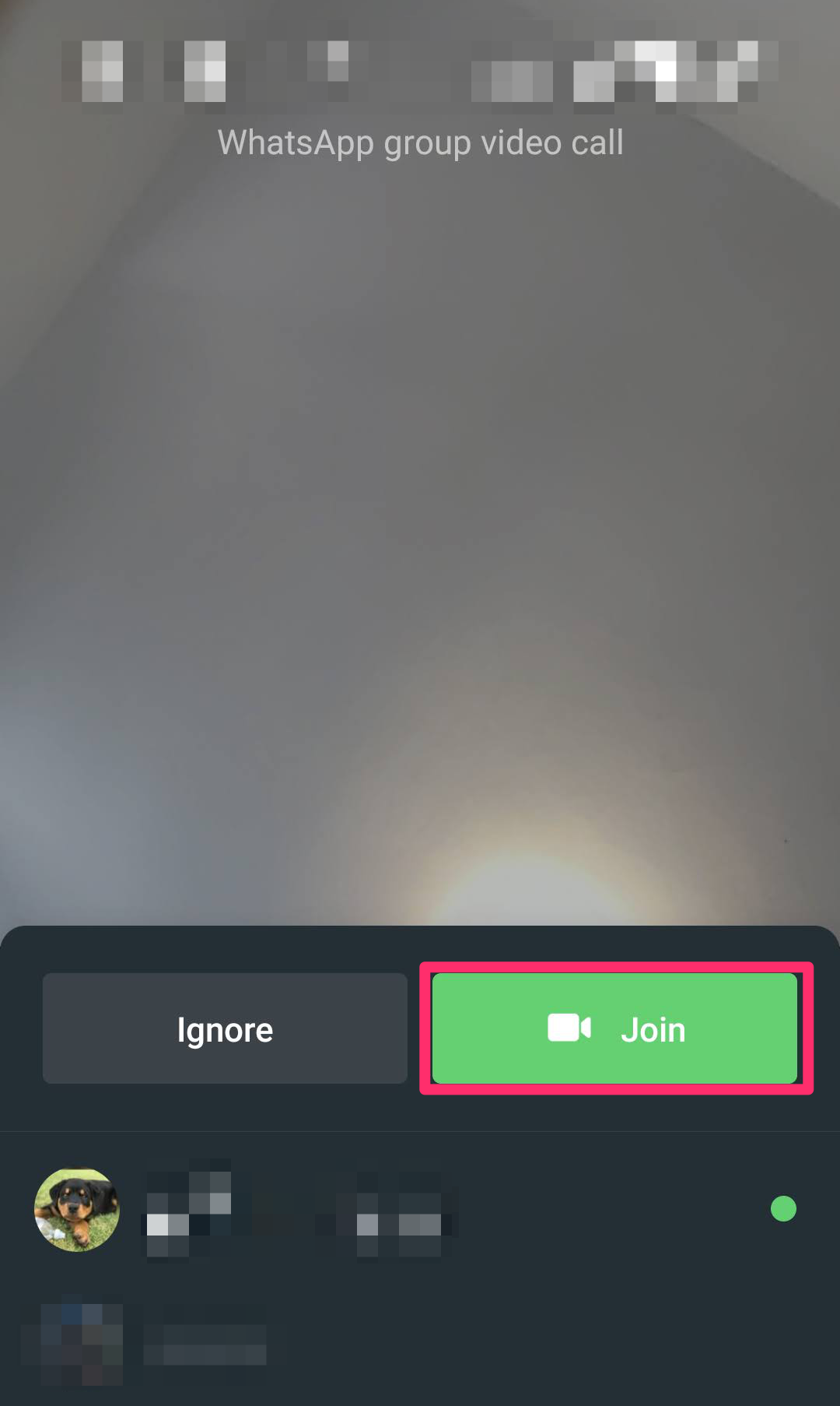 Screenshot of a WhatsApp video call notification
