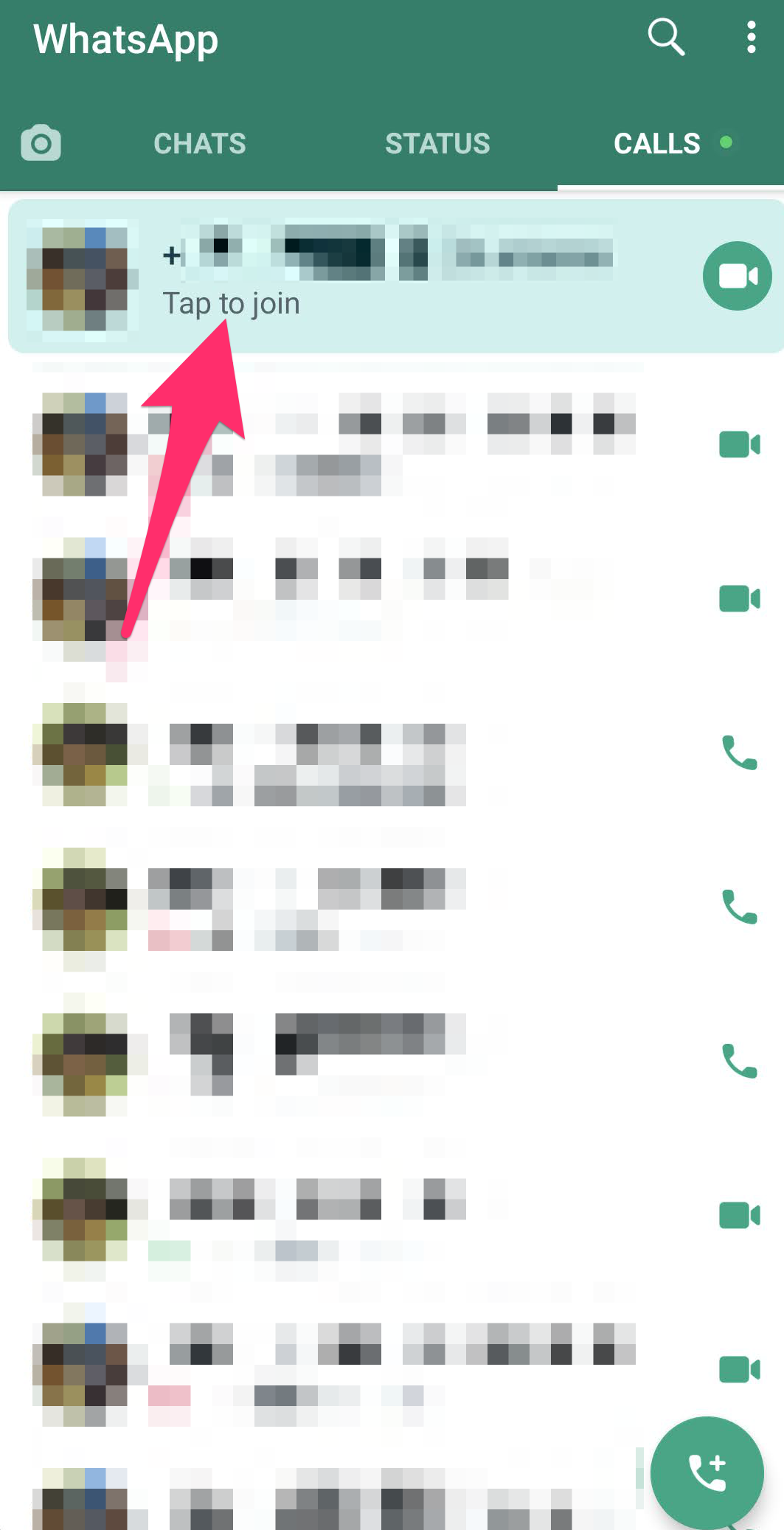 Screenshot of the WhatsApp Calls tab with a group call in progress