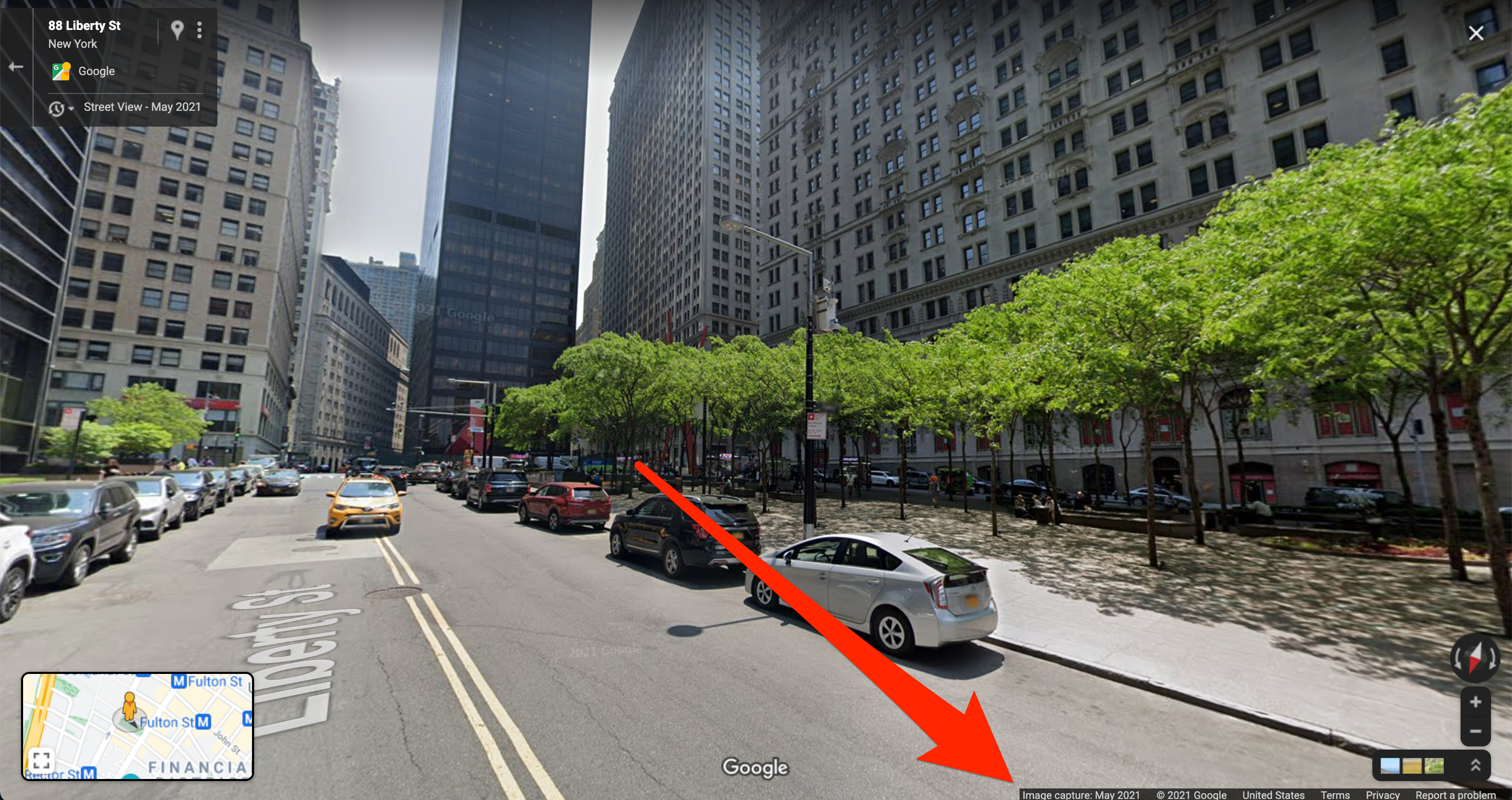 A Google Maps Street View shot of Zuccotti Park in New York City.