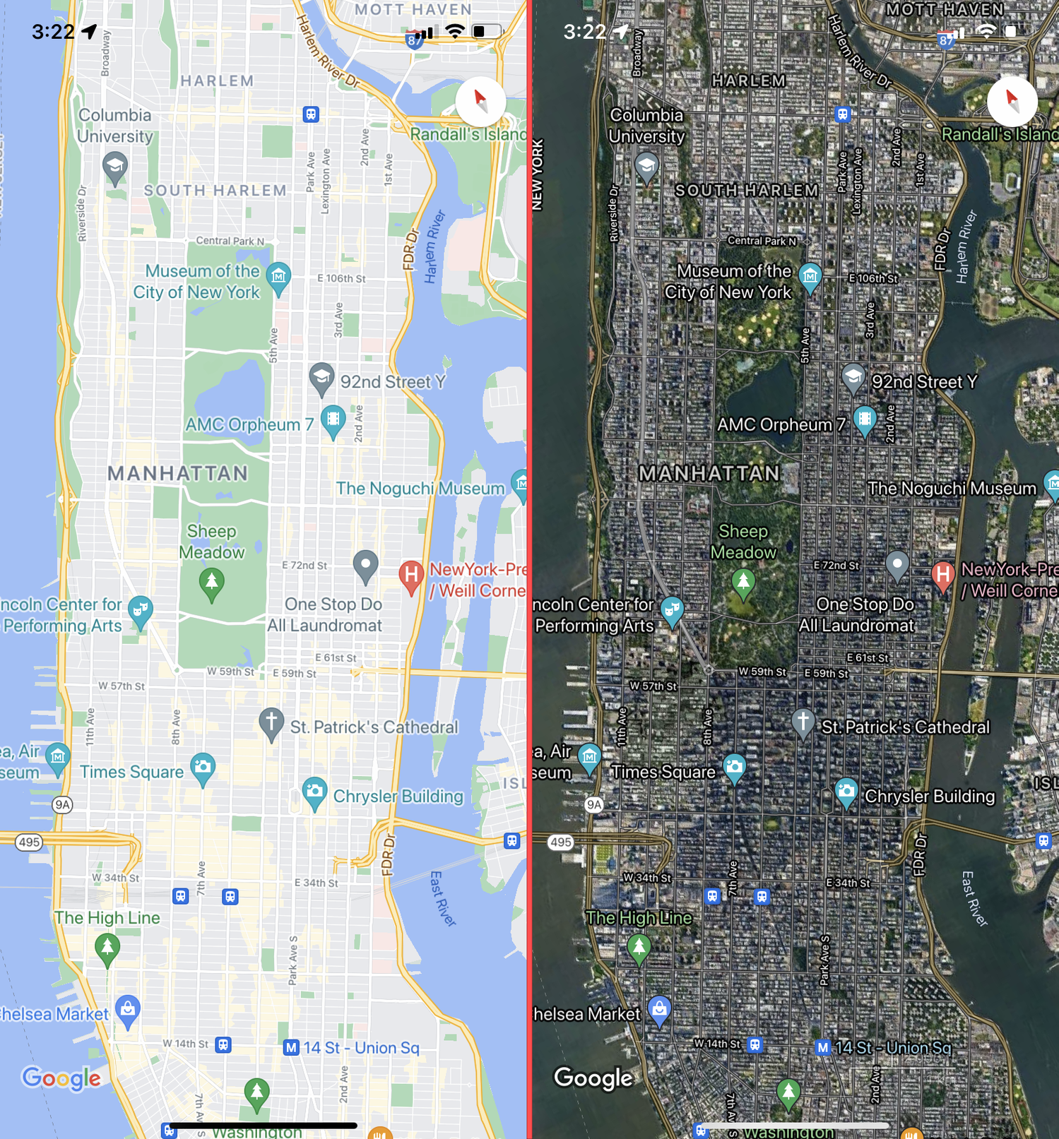 A map of Manhattan, shown in both satellite and non-satellite views.