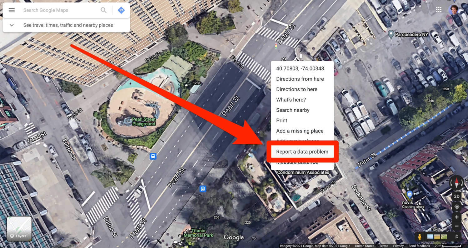 A screenshot of Google Maps. The user has right-clicked the map, and the "Report a data issue" option is highlighted.