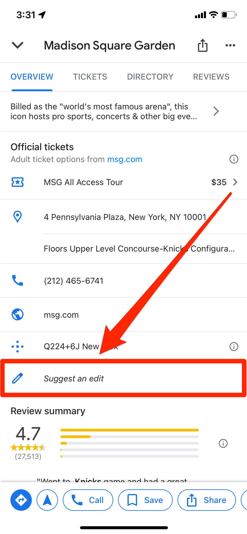 The Google Maps info page for Madison Square Garden, with the "Suggest an edit" option highl