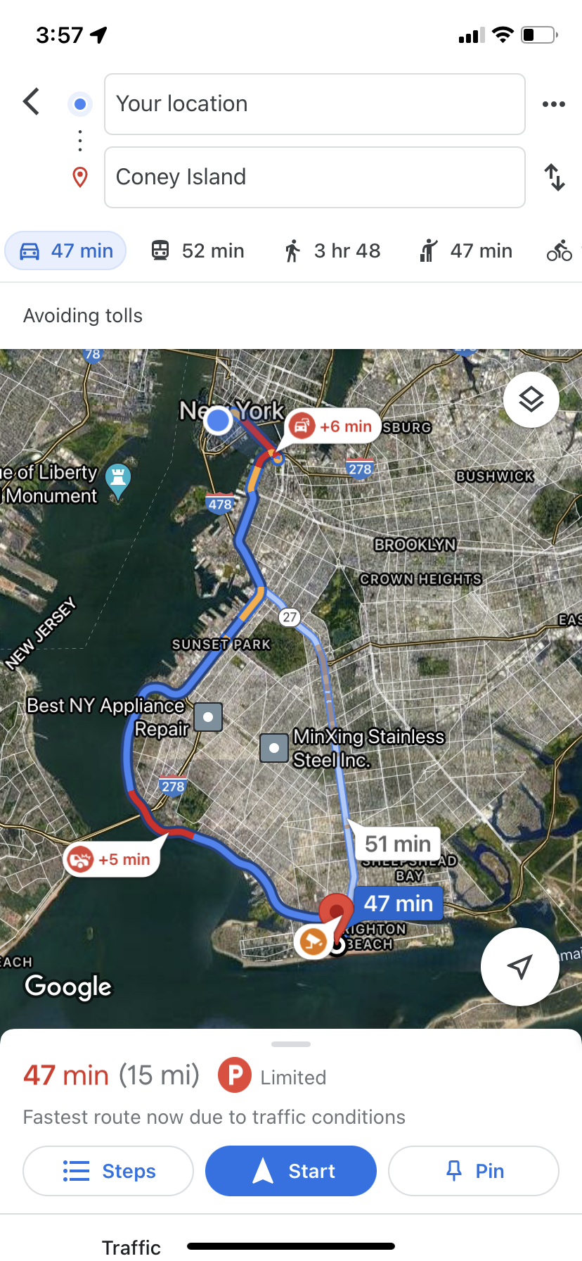 A screenshot from the Google Maps app, with a navigation course plotted out from Manhattan to Coney Island.