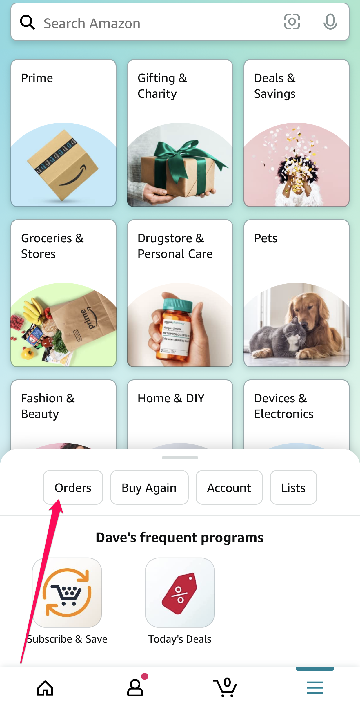 Screenshot of the "Orders" button on Amazon app