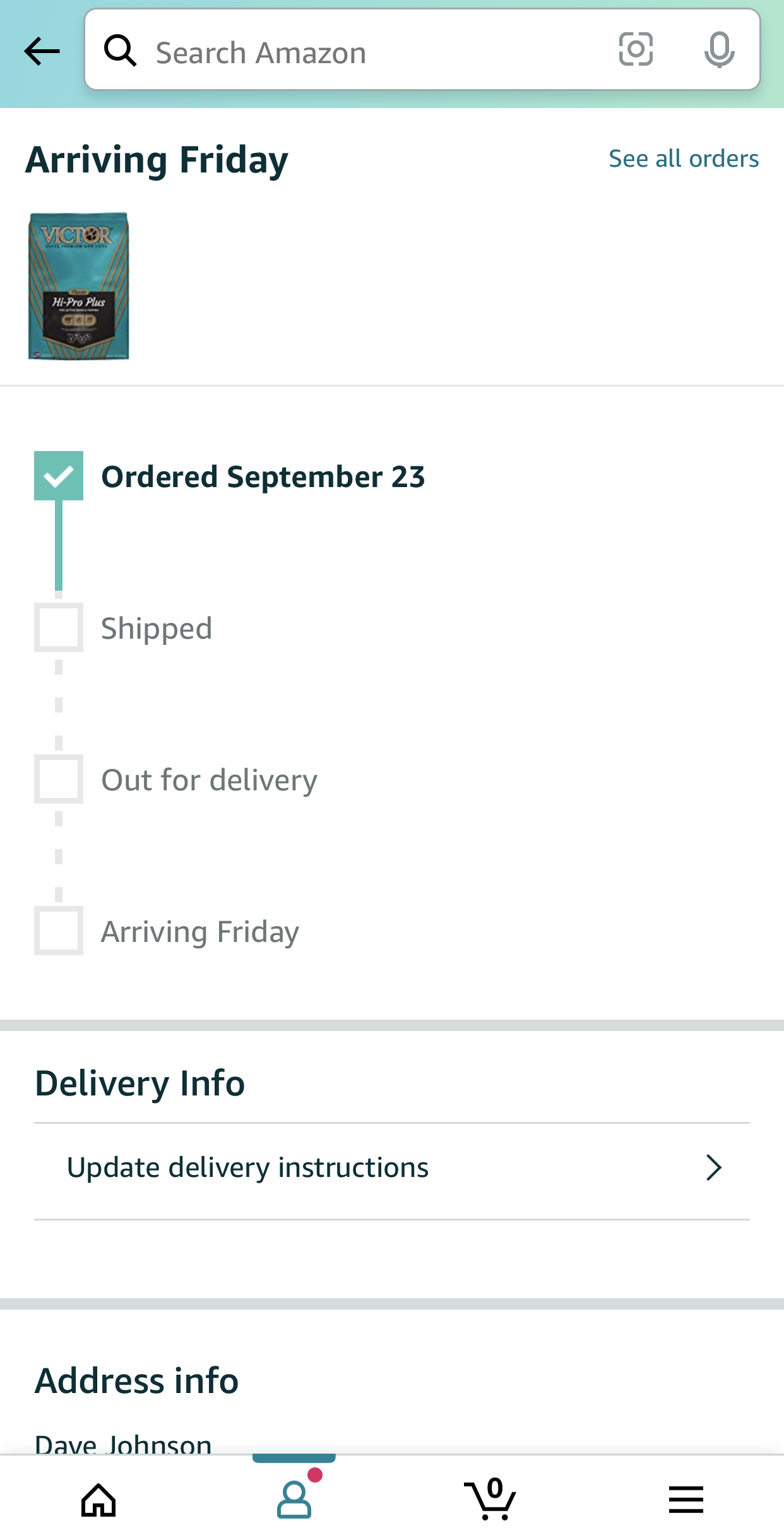 Screenshot of order tracking page on Amazon app