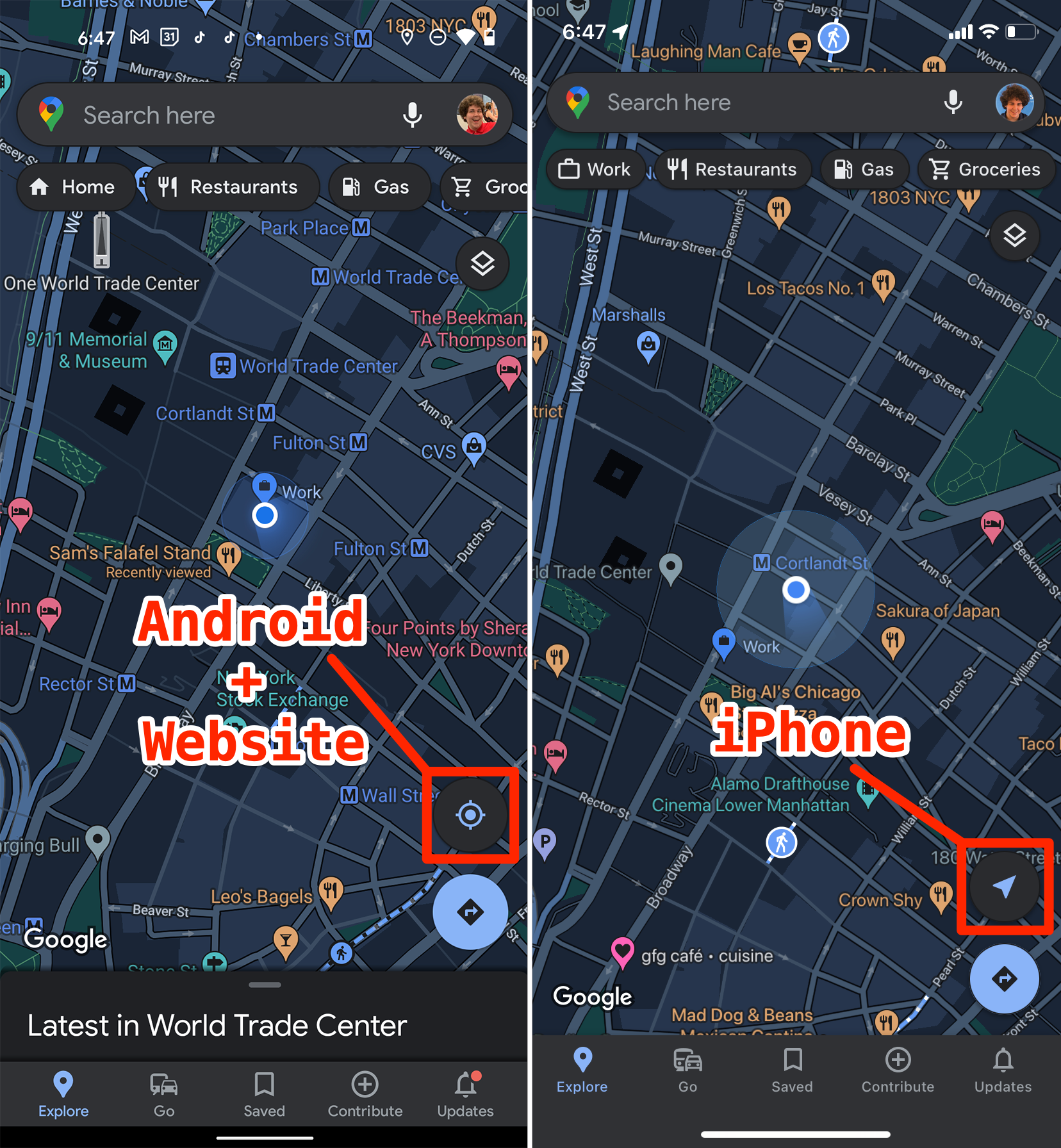 Screenshots from both the Android and iPhone Google Maps apps, highlighting the Current Location button.