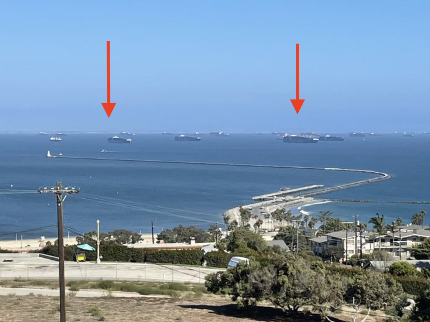 Red arrows point to the dozens of cargo ships waiting outside the port of Los Angeles.