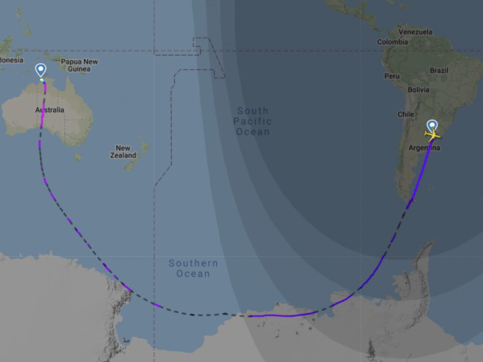 Flight path from Buenos Aires to Darwin
