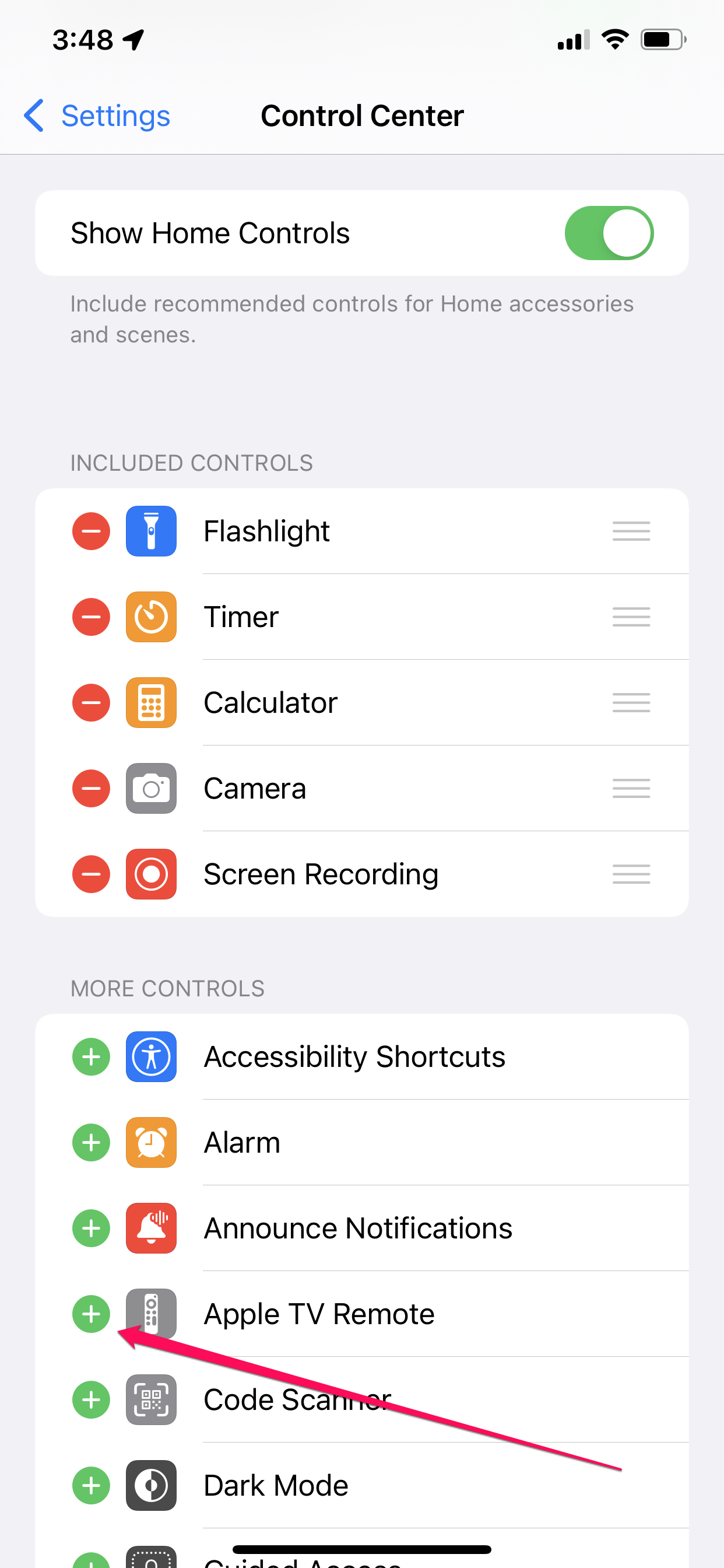 [apple-tv-remote-on-iphone1.png: / Control Center settings in iOS.]