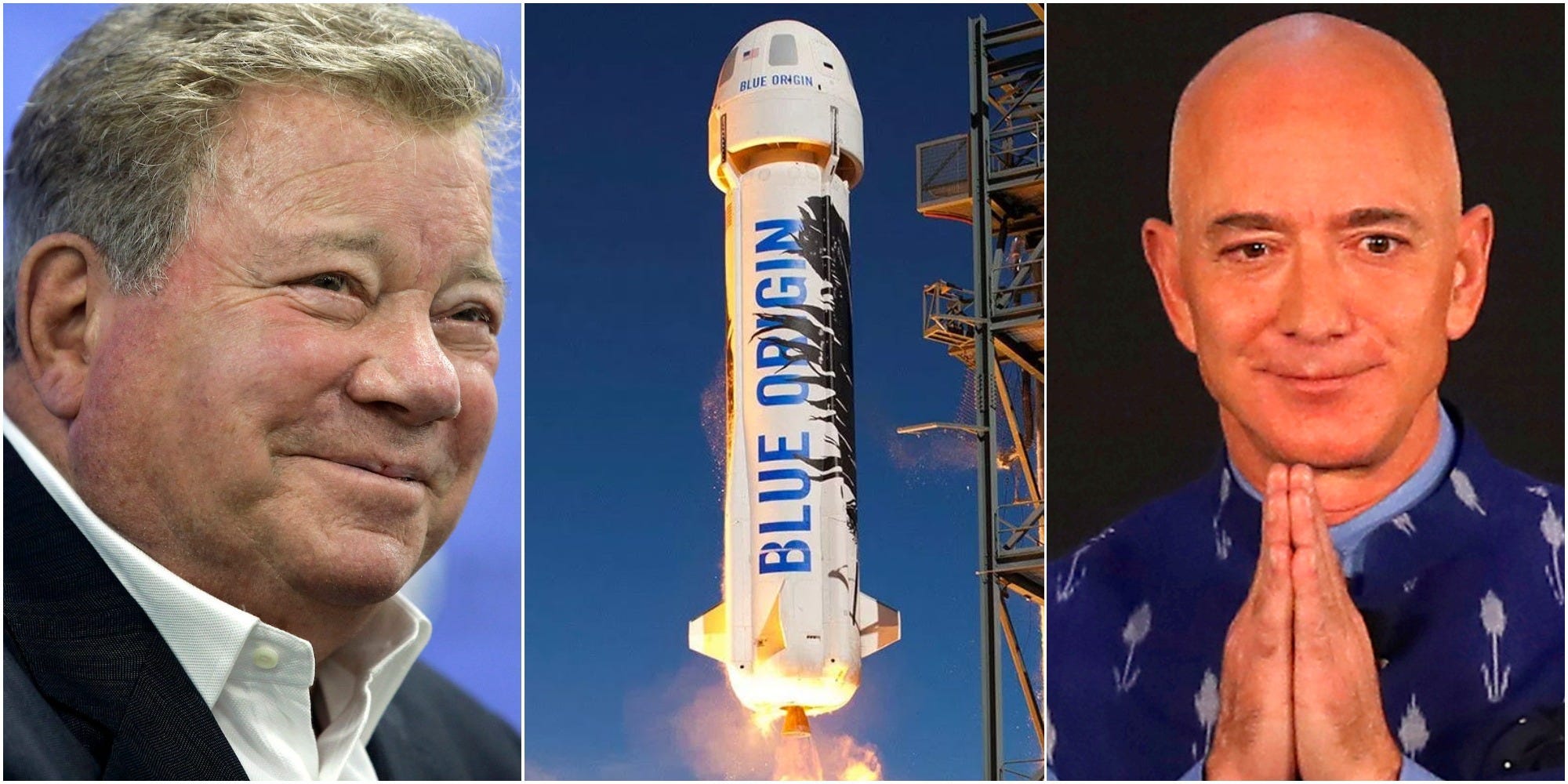 side by side images william shatner blue origin rocket launching and jeff bezos with hands together praying