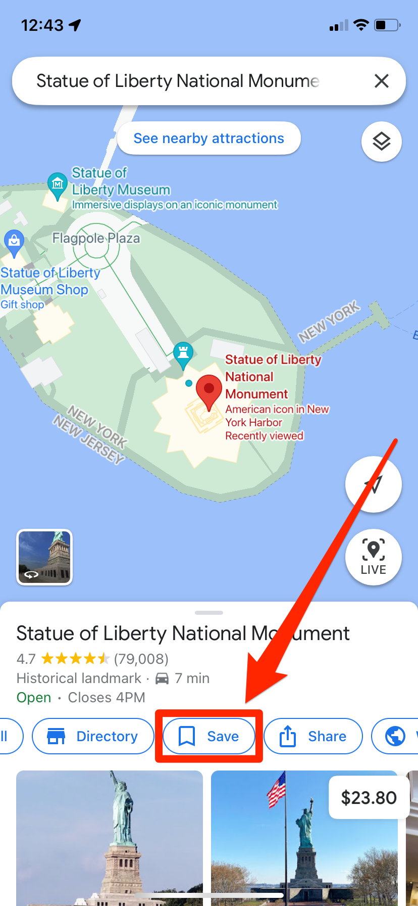 A Google Maps screenshot, showing the info page for the Statue of Liberty. The "Save" option is highlighted.