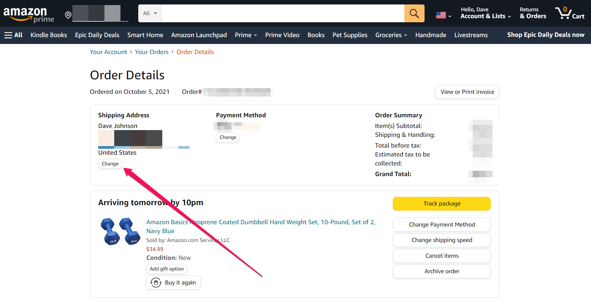 Screenshot of address change button on Amazon website