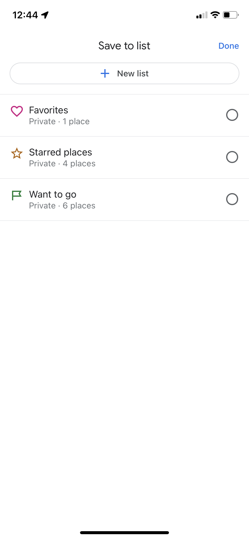 The "Save to list" screen in the Google Maps app.