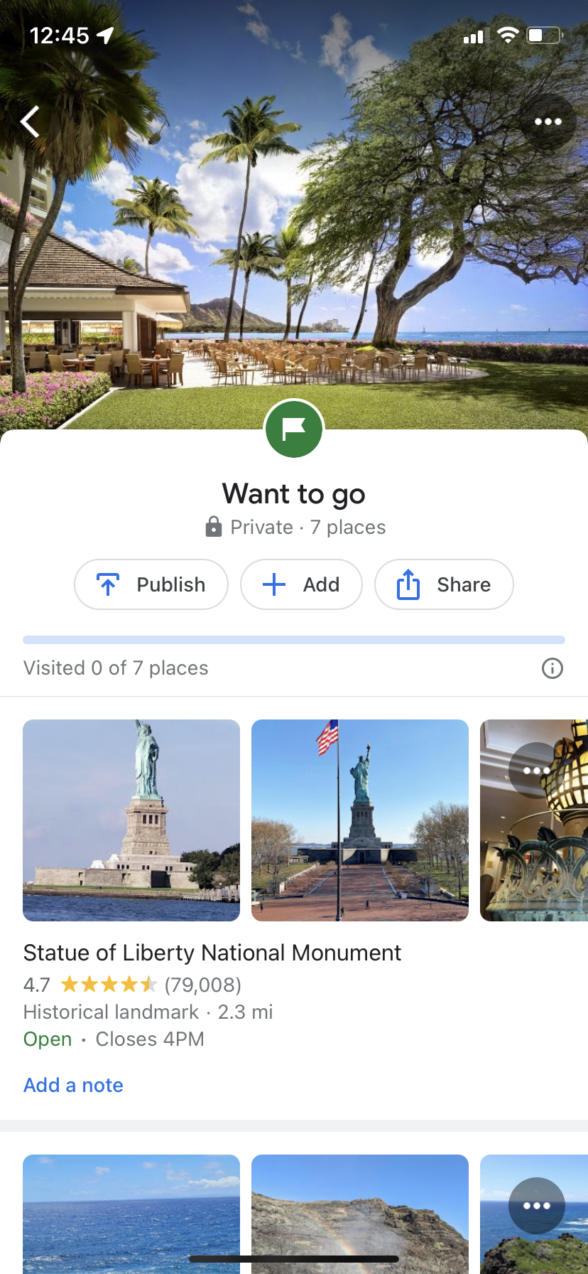 A Google Maps page titled "Want to go."