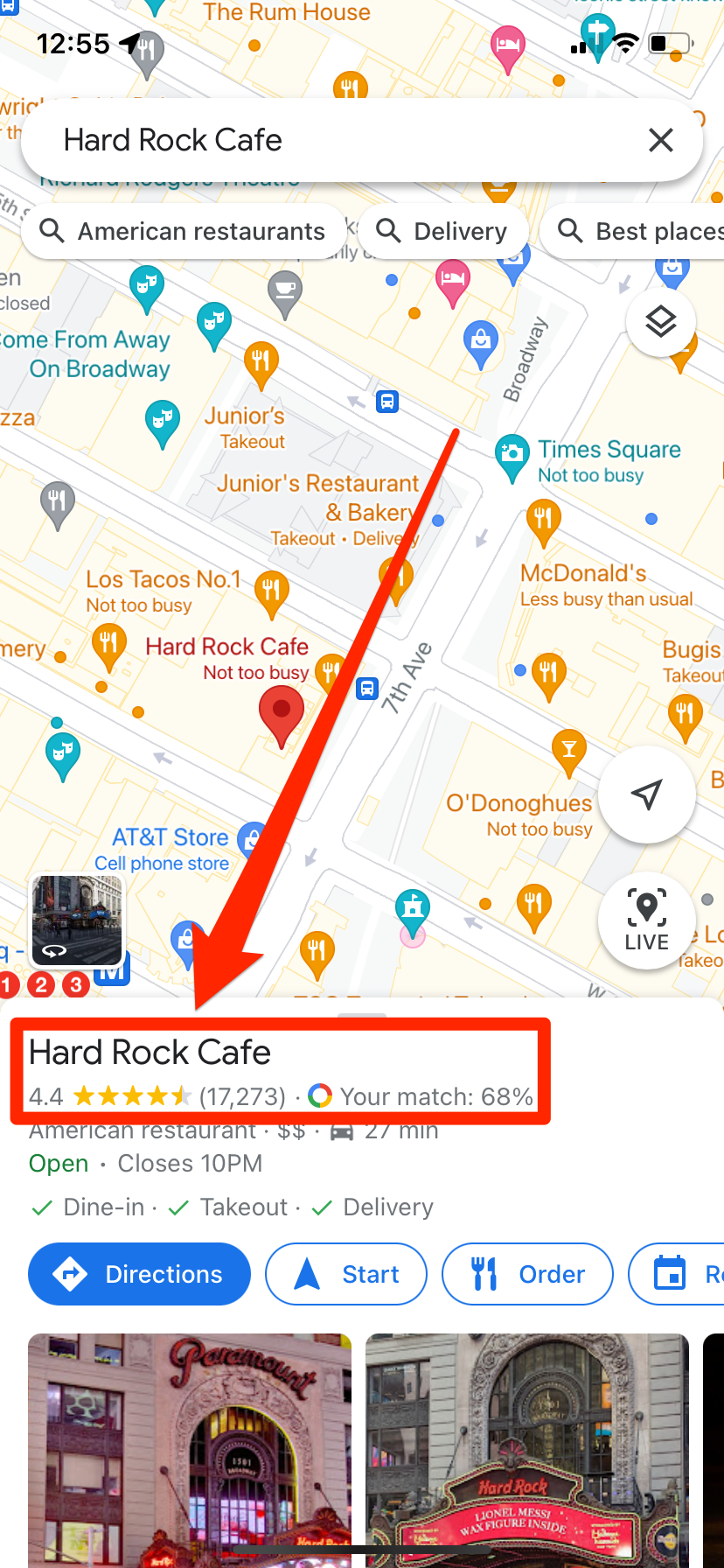 The Google Maps info page for Hard Rock Cafe.