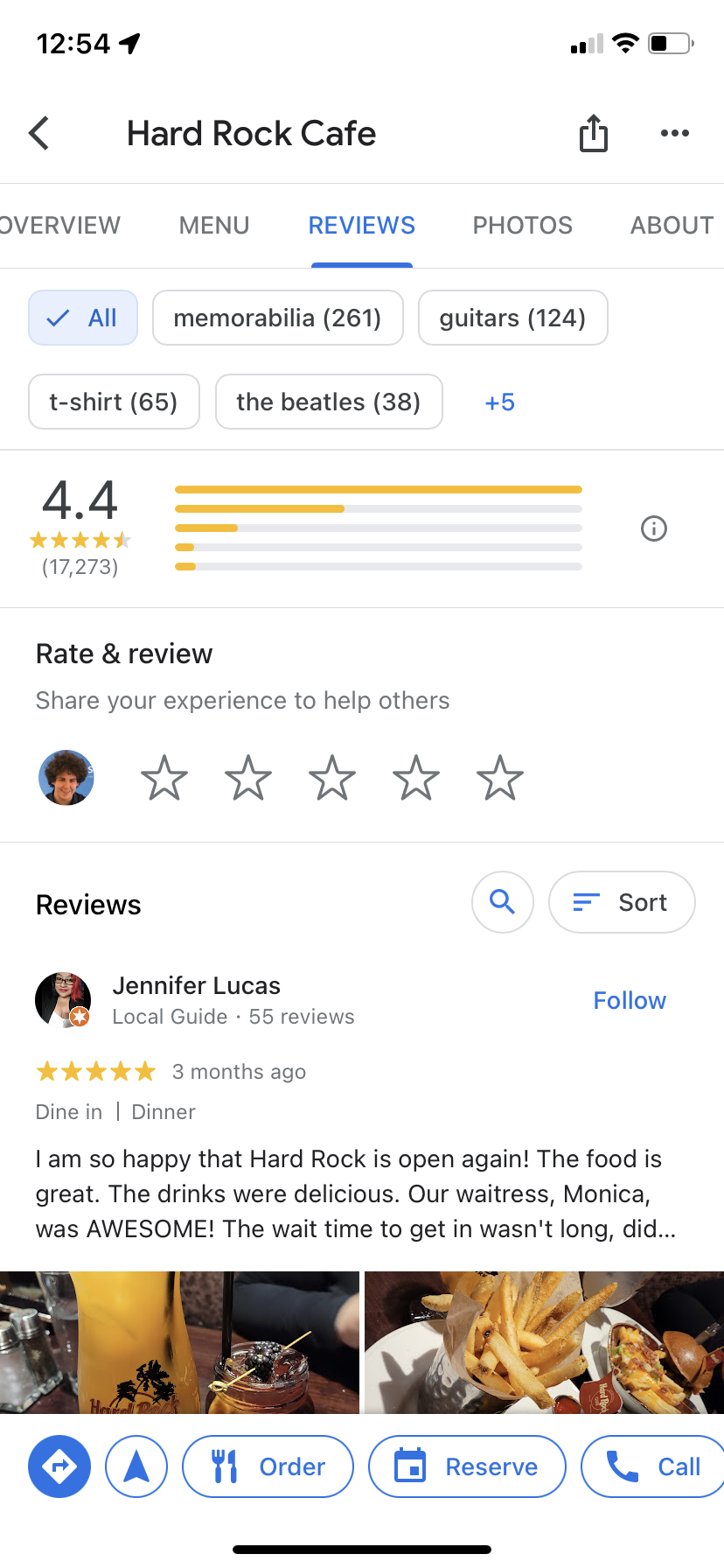 The Google Reviews for Hard Rock Cafe.
