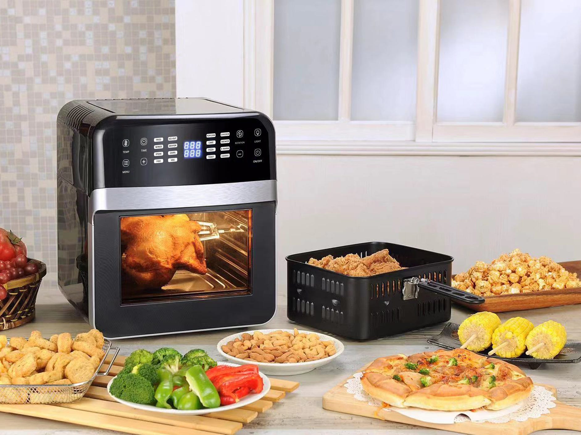 An oven-style air fryer cooking some food.