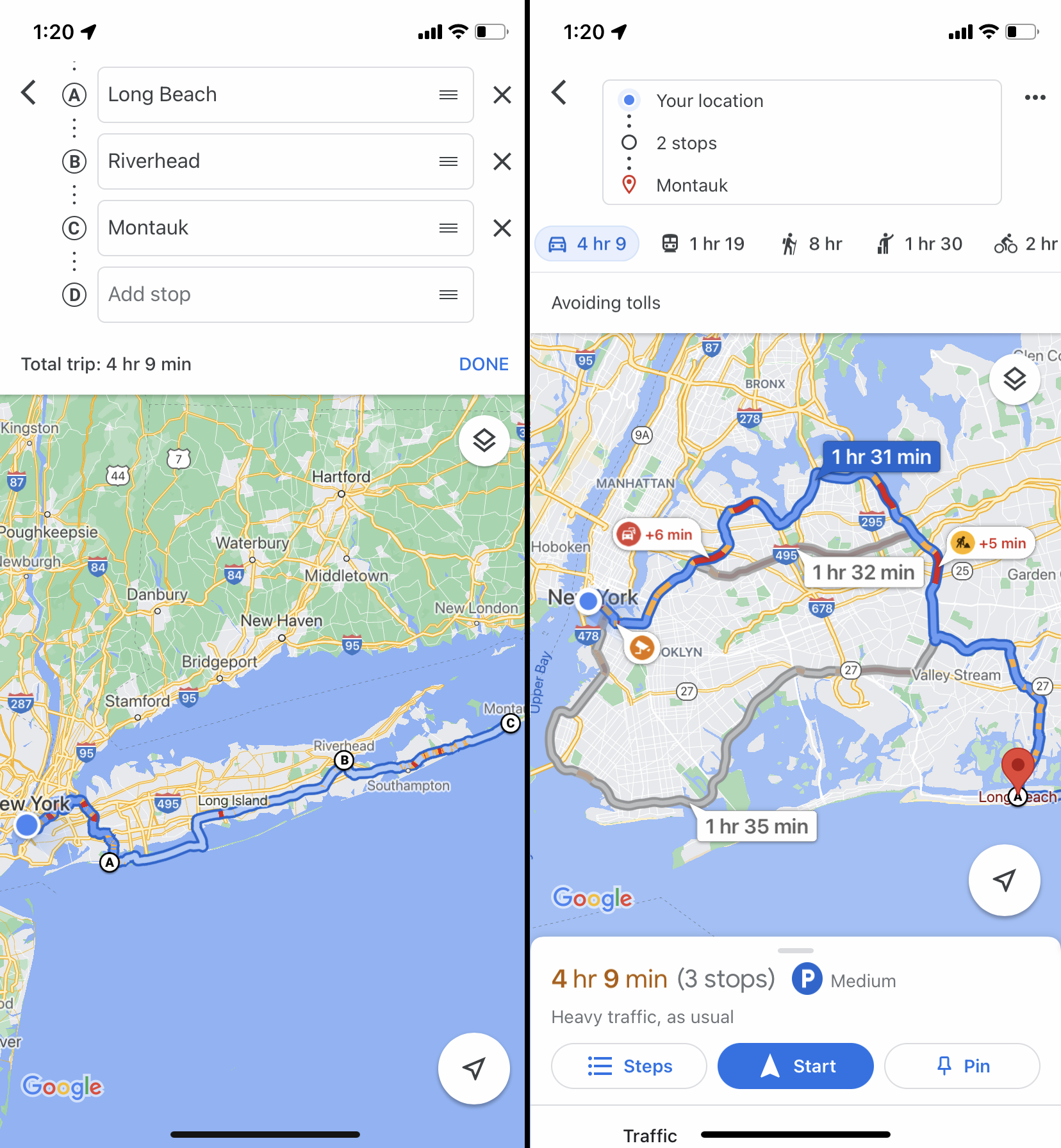Two screenshots from the Google Maps app, showing a navigation route with multiple stops.