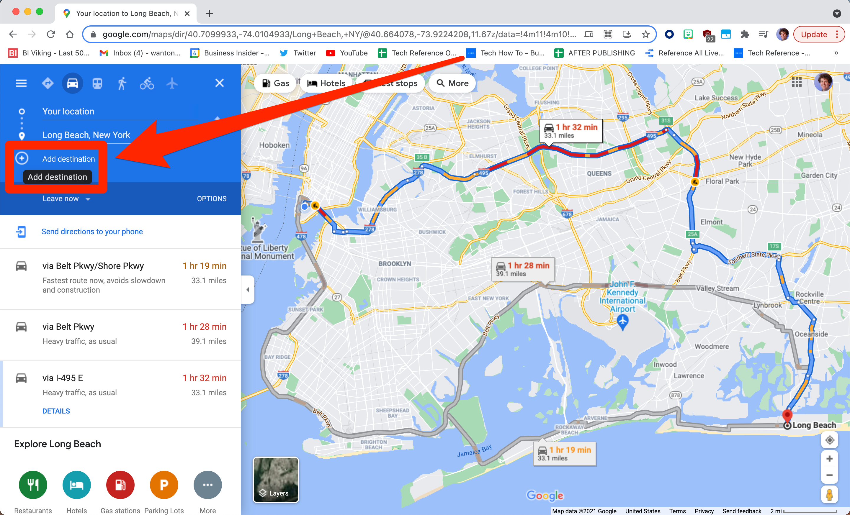 The Google Maps website, with a navigation route selected.