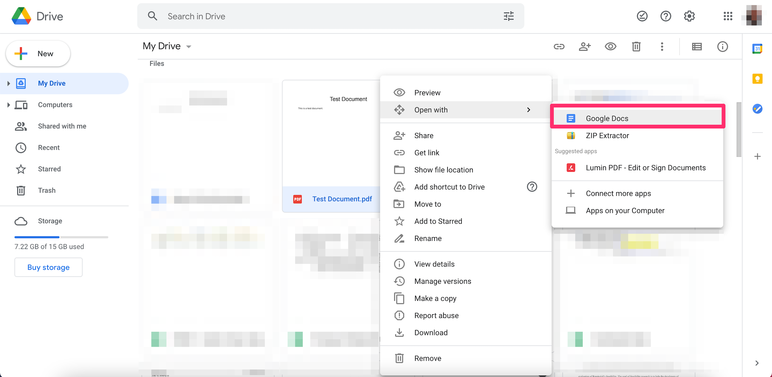 Screenshot of the "Open with" option for a file in Google Drive