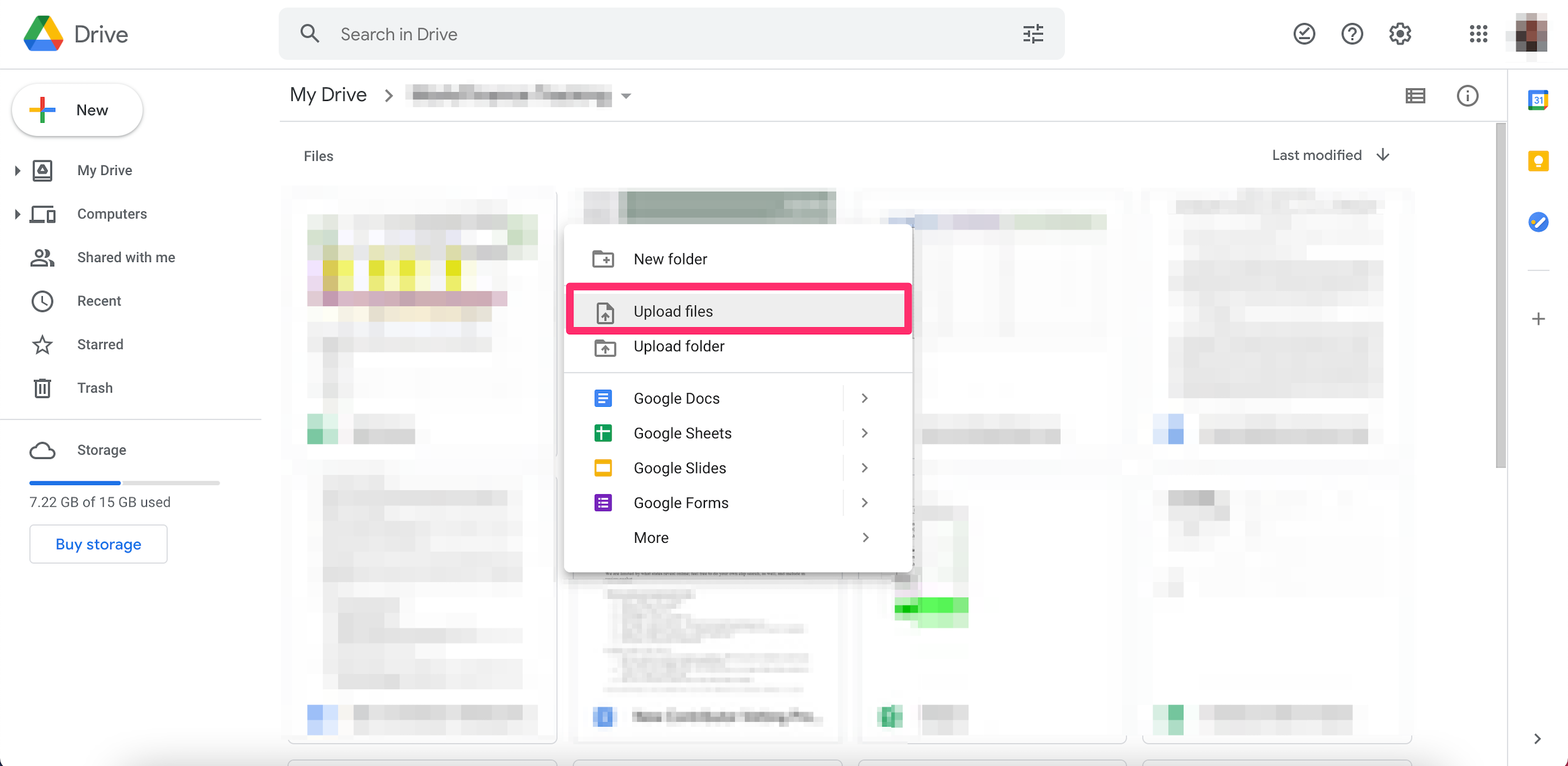 Screenshot of the Upload option in Google Drive