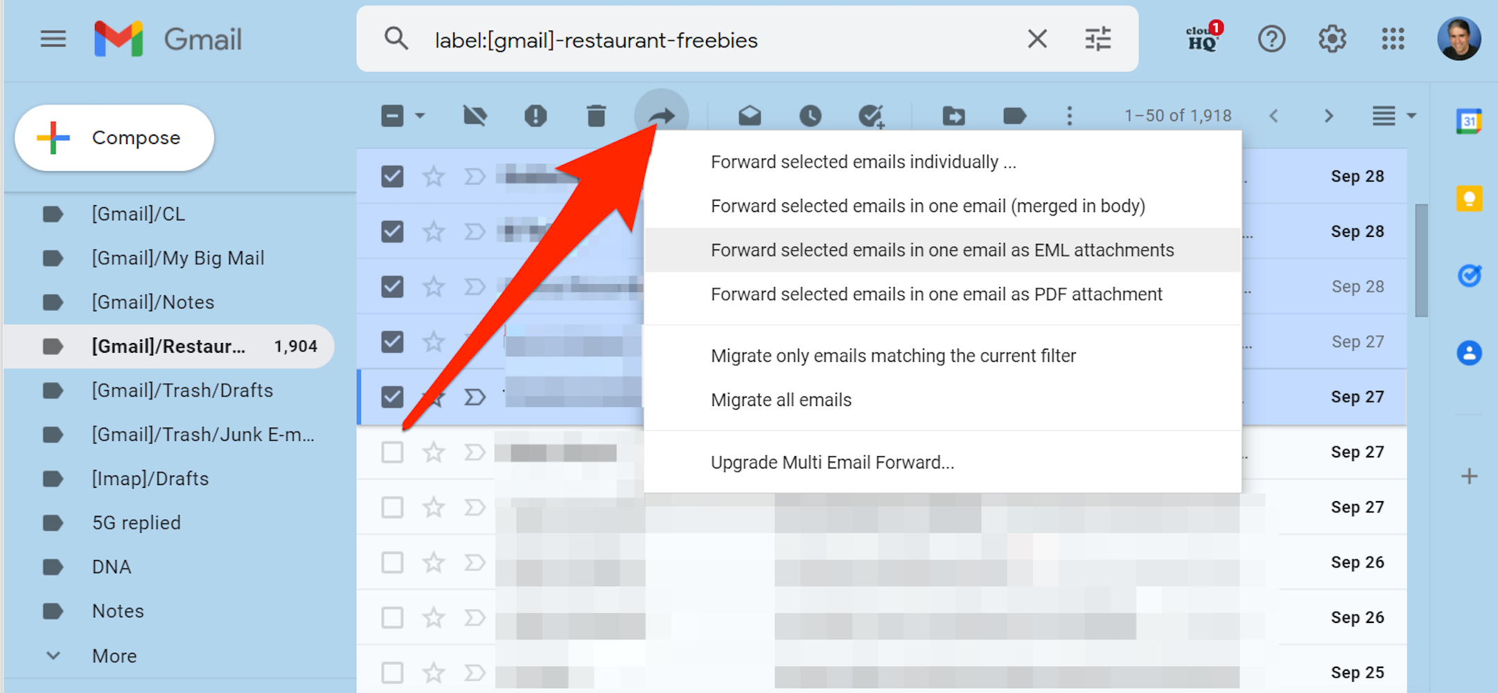 Screenshot of the Multi Email Forward extension in Gmail