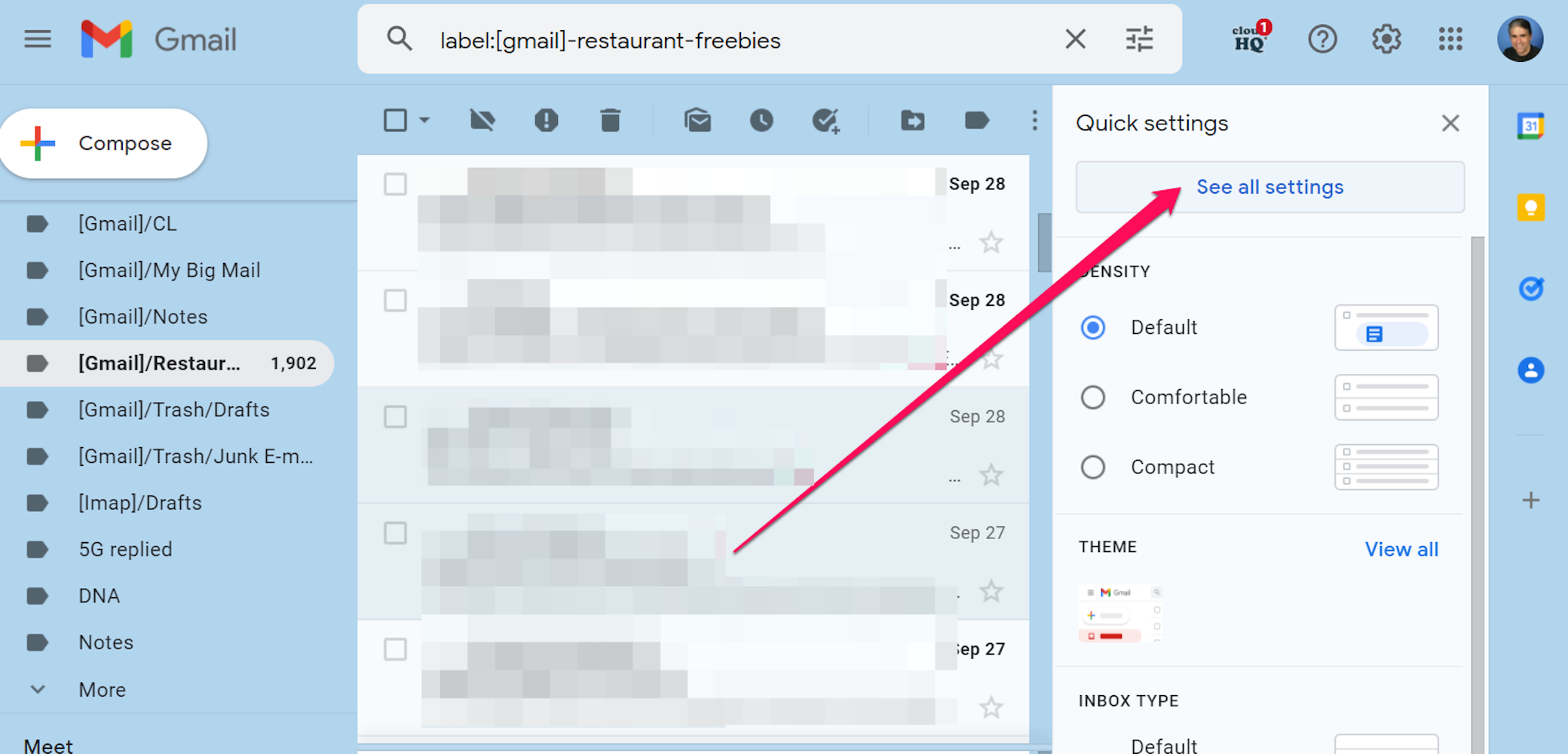 Screenshot of Settings menu in Gmail