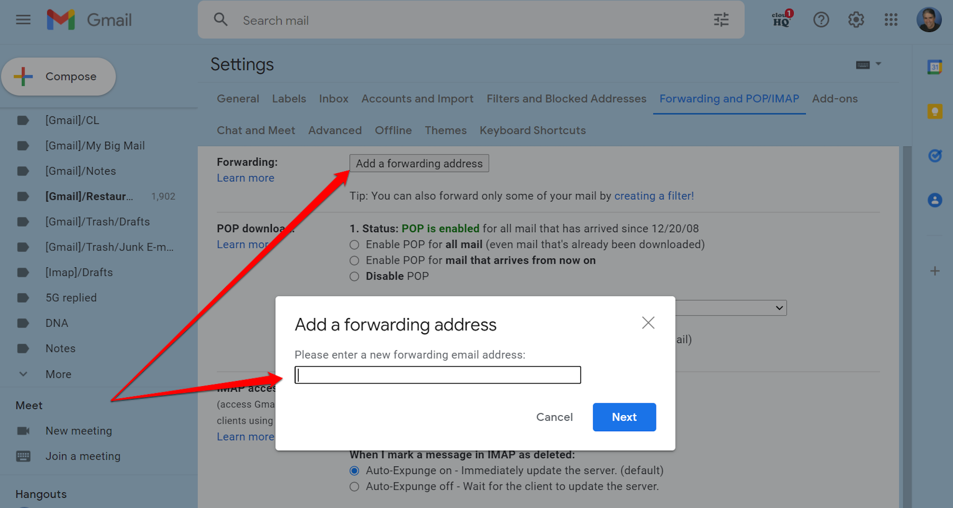 Screenshot of Gmail's Forwarding and POP/IMAP settings