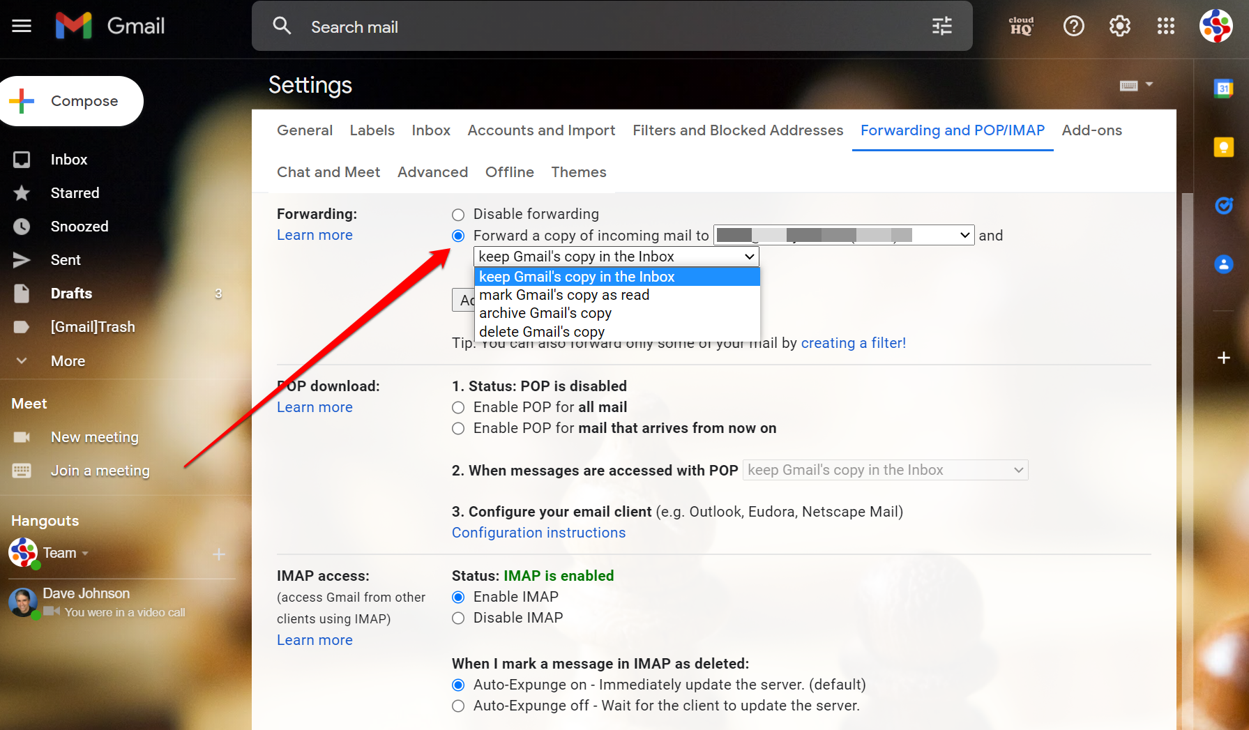 Screenshot of Gmail's Forwarding and POP/IMAP settings