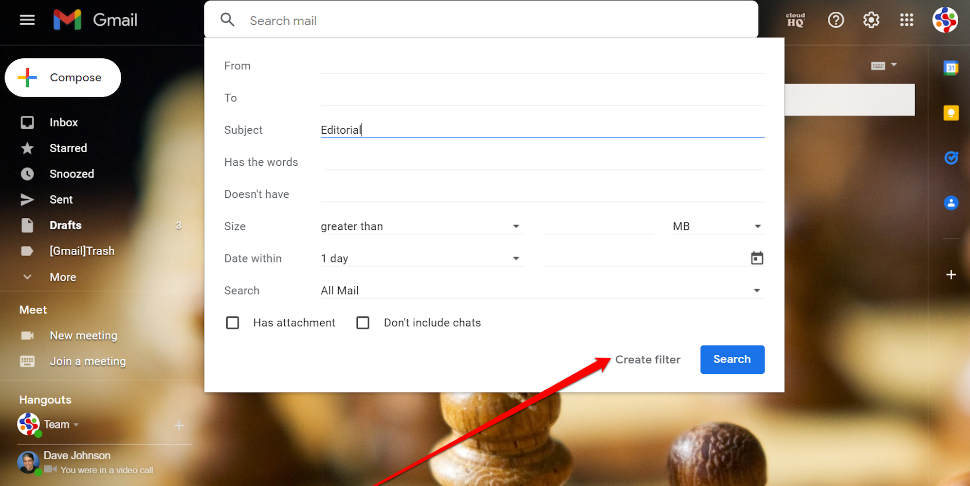 Screenshot of Gmail filter settings